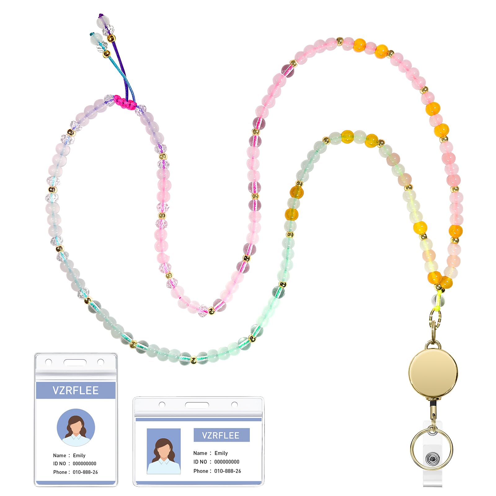 Vzrflee Lanyards for ID Badges, Retractable Natural Stone Beaded Teacher Lanyard with ID Holders Badge Reel Lanyard Necklace for Keys Office Cruise