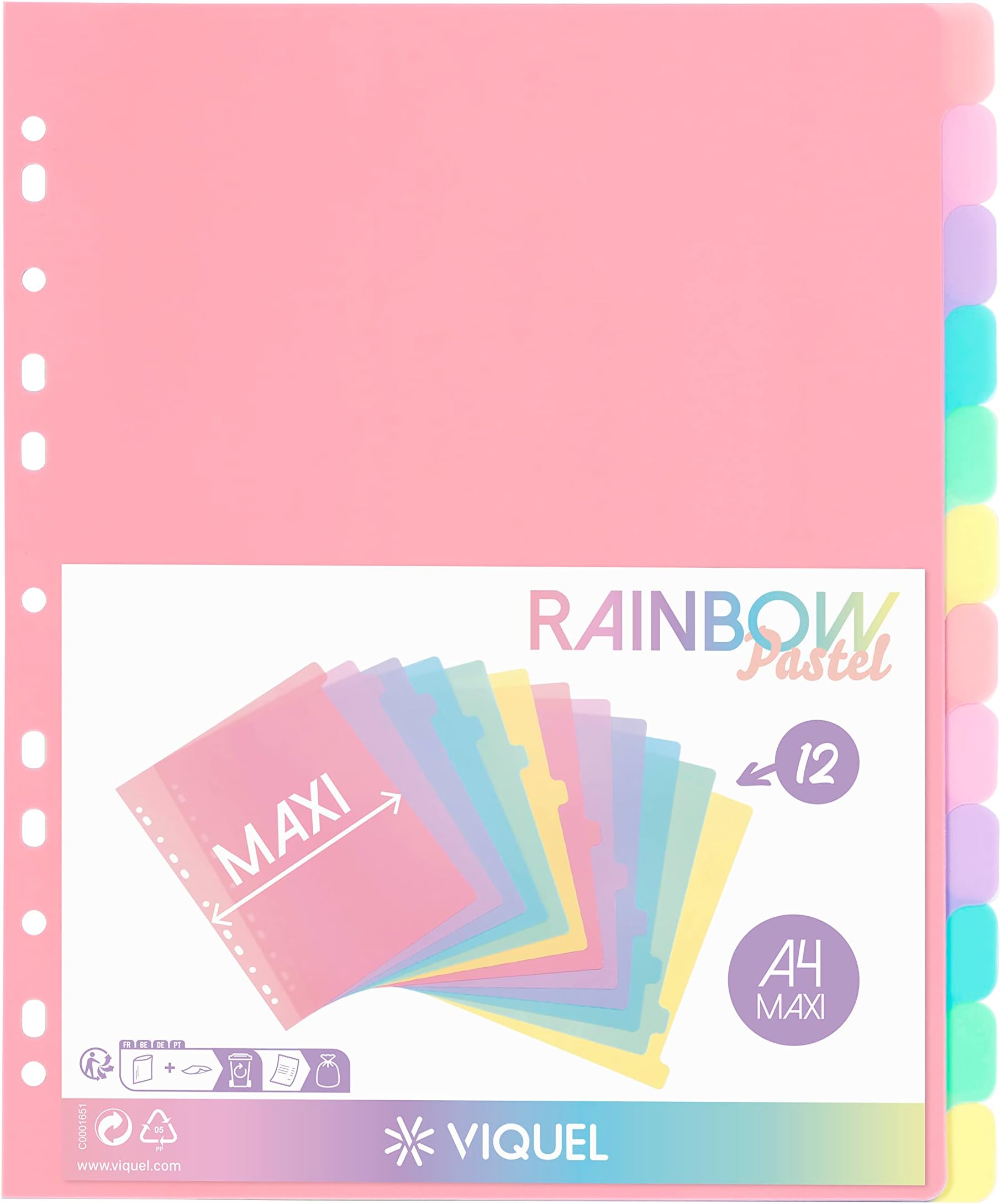 Viquel - Pack of 12 Plastic Rainbow Pastel Dividers - Maxi Format (24.5 x 30.5 cm) - for A4 Maxi Format or Lever Arch File - Pastel Colours