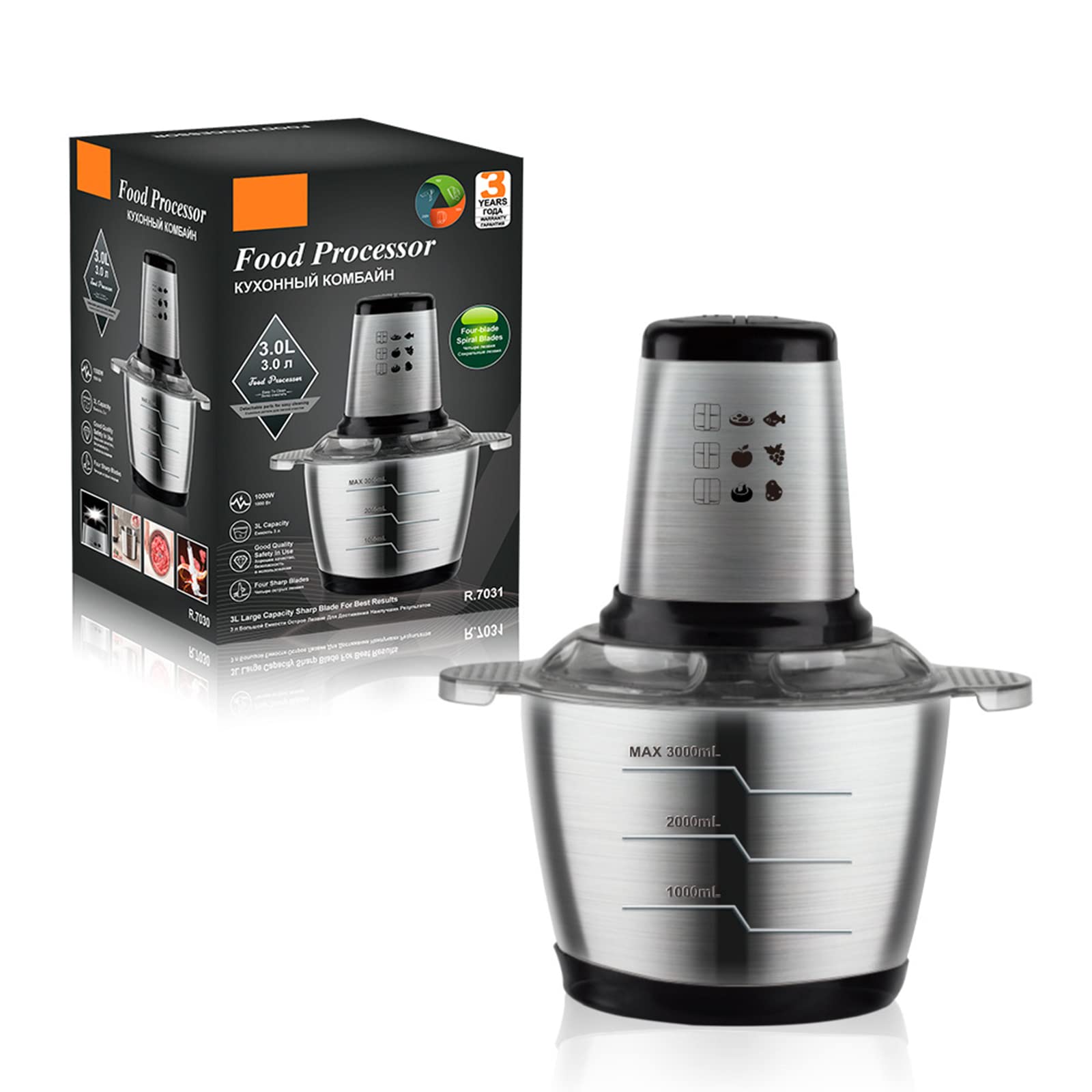 Picadora eléctrica de alimentos, picadora de carne de 1000 W con 4 cuchillas, cuenco de acero inoxidable de 3 L, procesador de alimentos versátil para carne, verduras y frutas
