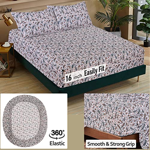 RUVANTI 100% Cotton Full Size Bed Sheets, 4 Pieces, Soft & Breathable Percale Weave Bedding, Deep Pocket 16", Hotel Standard, Crisp Cool Feel, Durable, Perfect Sheet Set Floral, Teal Paisley