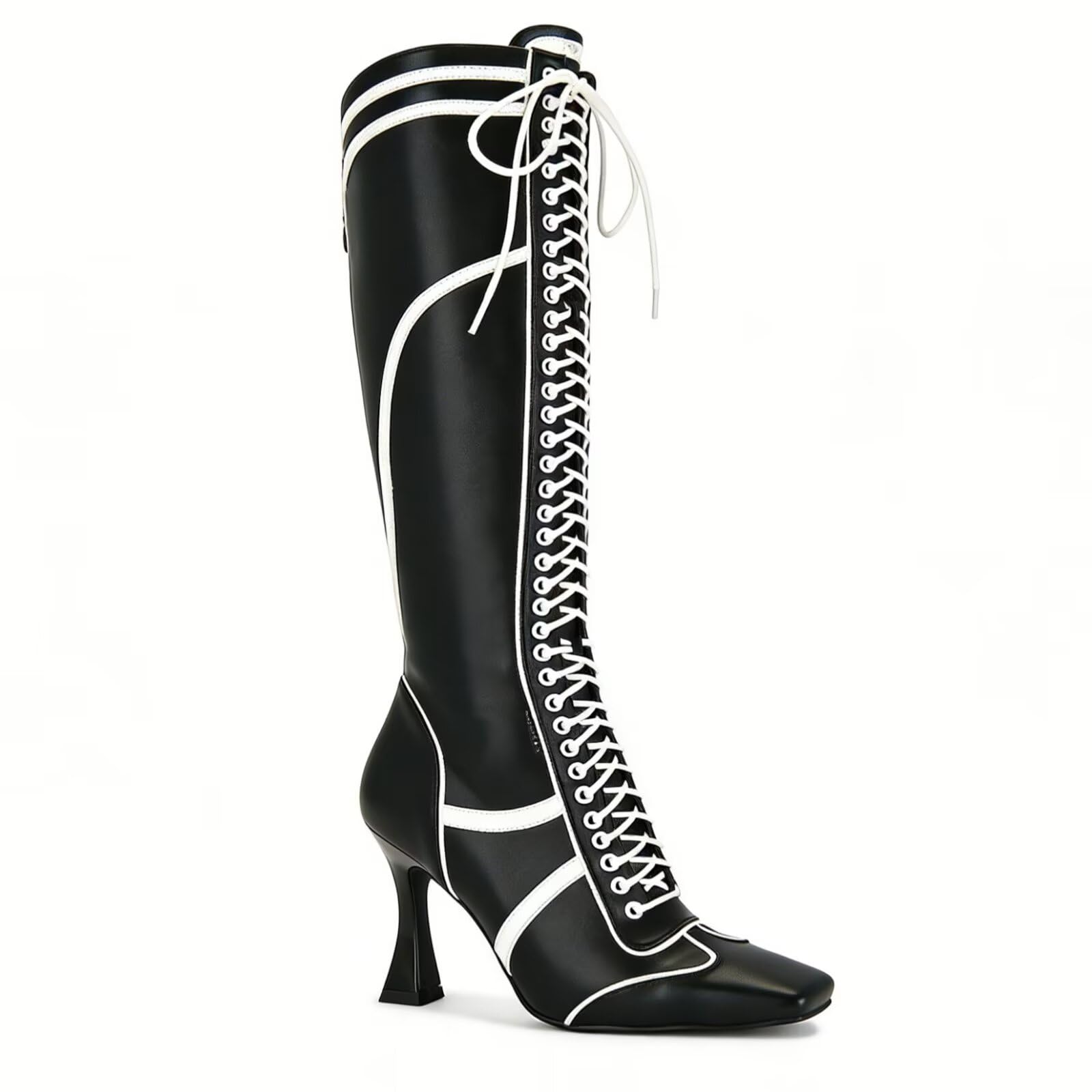 Elegant Black White Lace Up High Heel Knee High Boots