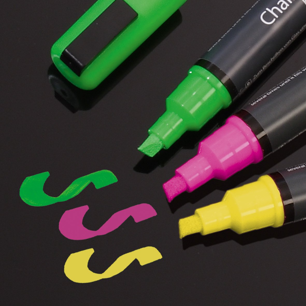 SIGEL GL182 Juego de 3 rotuladores de tiza líquida 50, borrables. Puntas biseladas 1-5 mm, rosa/verde/amarillo
