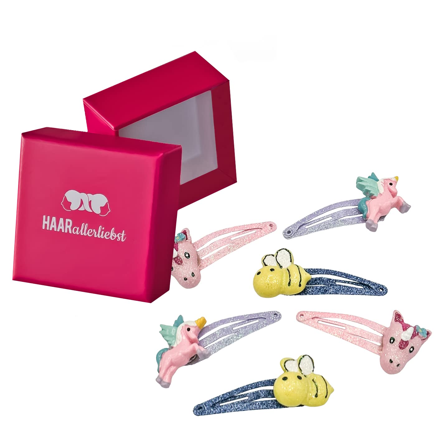 HAARallerliebst Hair Clip Set (6 Pieces, Unicorn and Bee, Glitter) for Girls with Box for Storage