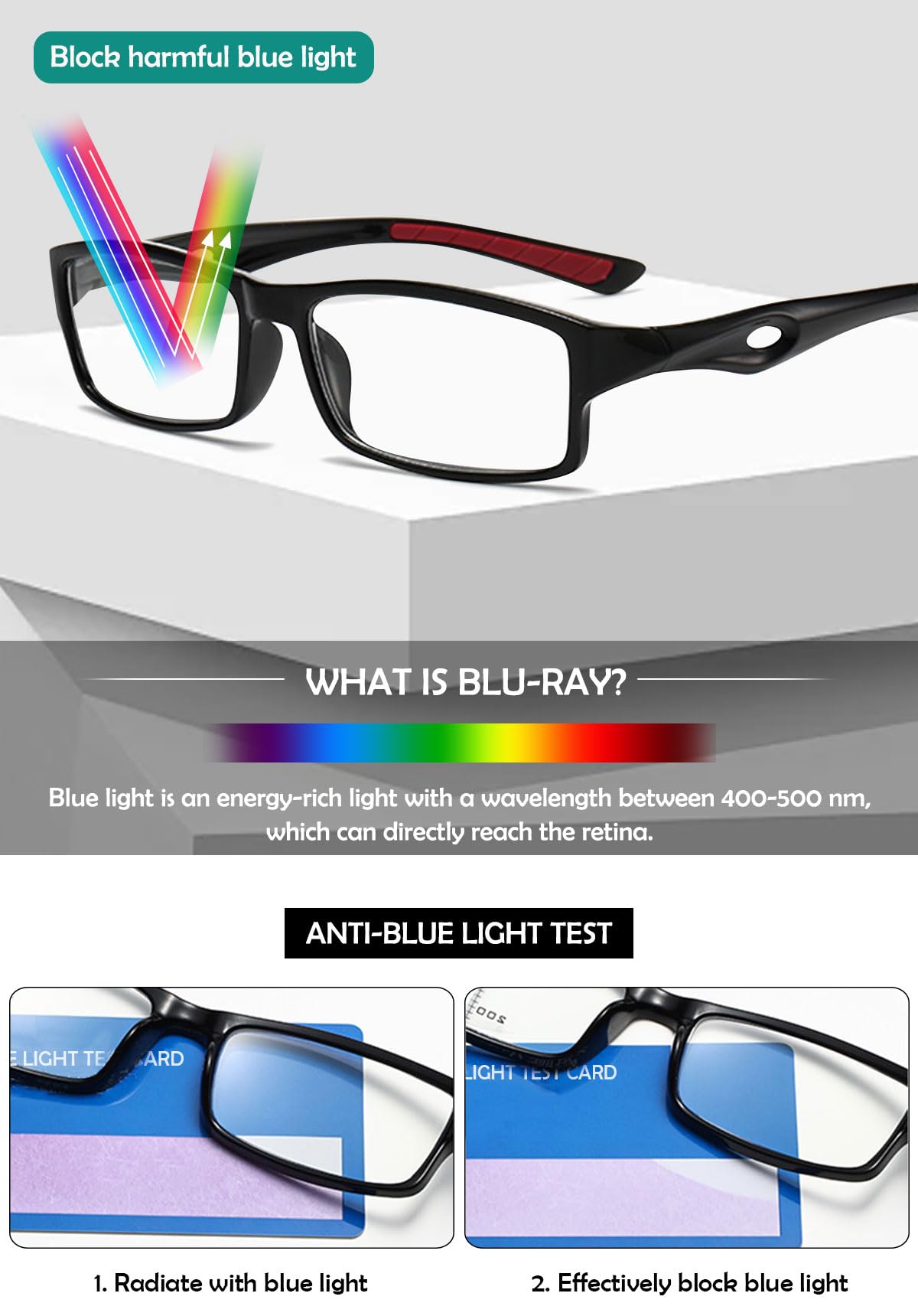 KOOSUFA Sport Lesebrille Anti Blaulicht Herren Damen Rechteckiger Arbeits Lesebrillen Lesehilfe Computerbrille Anti Müdigkeit Brille mit Stärke 0.0 1.0 1.5 2.0 2.5 3.0 3.5 4.0