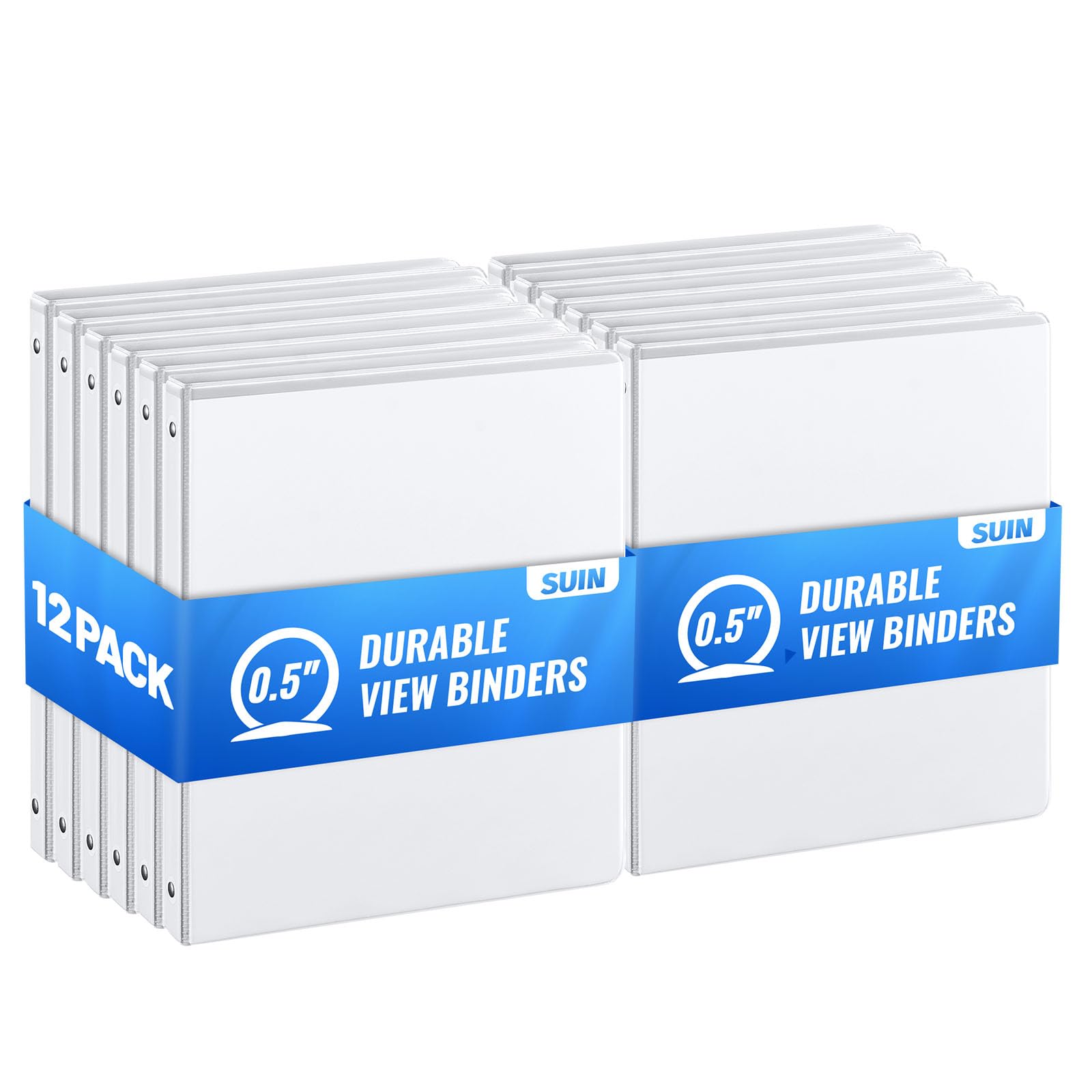 SUIN Lot de 12 classeurs à 3 anneaux de 1,3 cm avec anneaux ronds, capacité de 100 feuilles, convient aux papiers américains de 21,6 x 27,9 cm, blanc (1,3 cm)