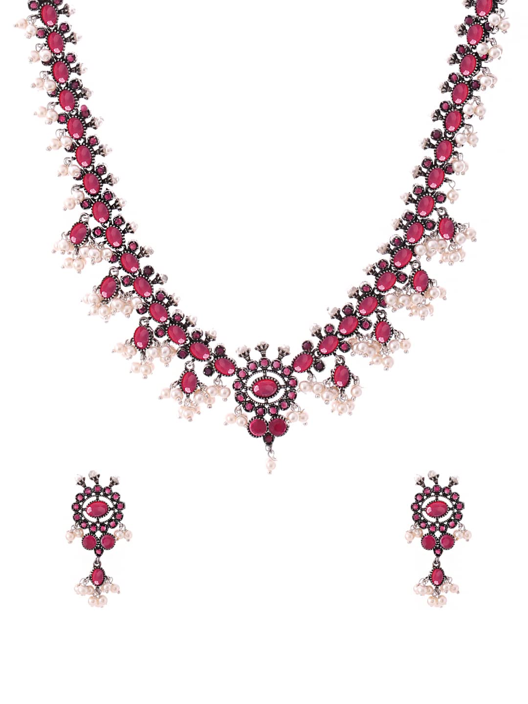 Oxidised Jewellery Set for Women Silver Oxidised Studded Stones Choker Necklace Set for Women and Girls.-image-7