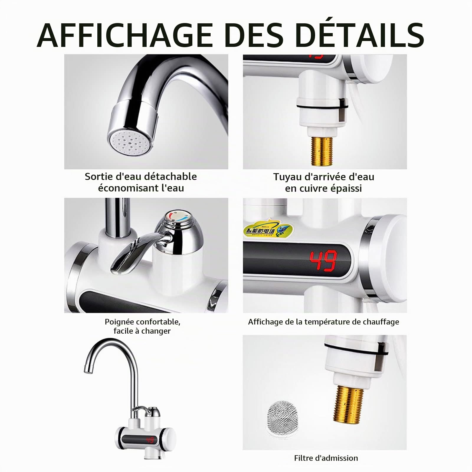 Robinet éLectrique Chaud Instantané 220v 3000w Chauffe-Eau de Cuisine LED Robinet éLectrique en Acier Inoxydable ChaudièRe à Eau Chaude Rotative à 360 ° Robinet de Cuisine
