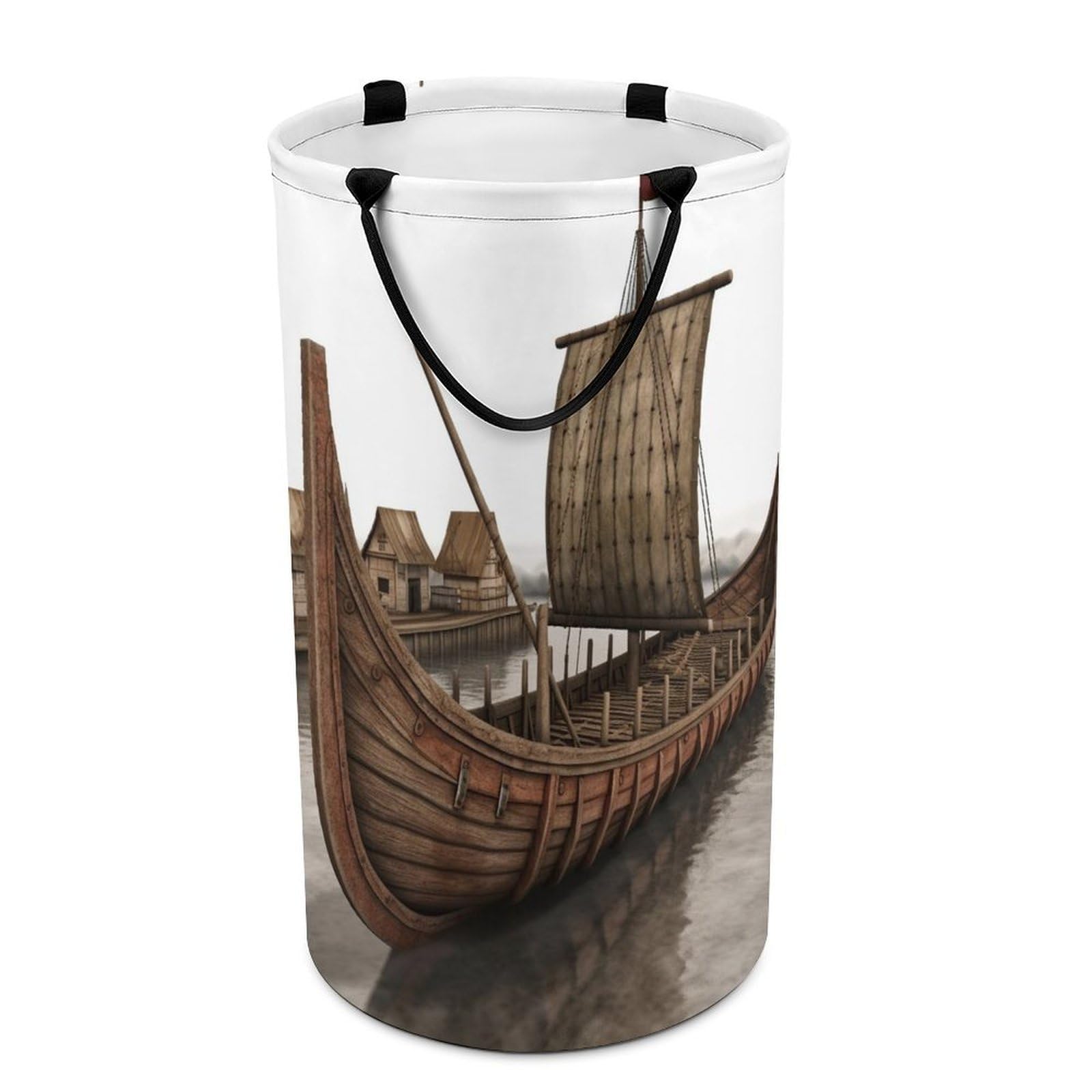 Old Viking Boat Laundry Basket Freestanding Laundry Hamper with Handles Waterproof Dirty Clothes Hamper Collapsible Washing Bin Aesthetic Clothes Basket for Bathroom Bedroom Dorm