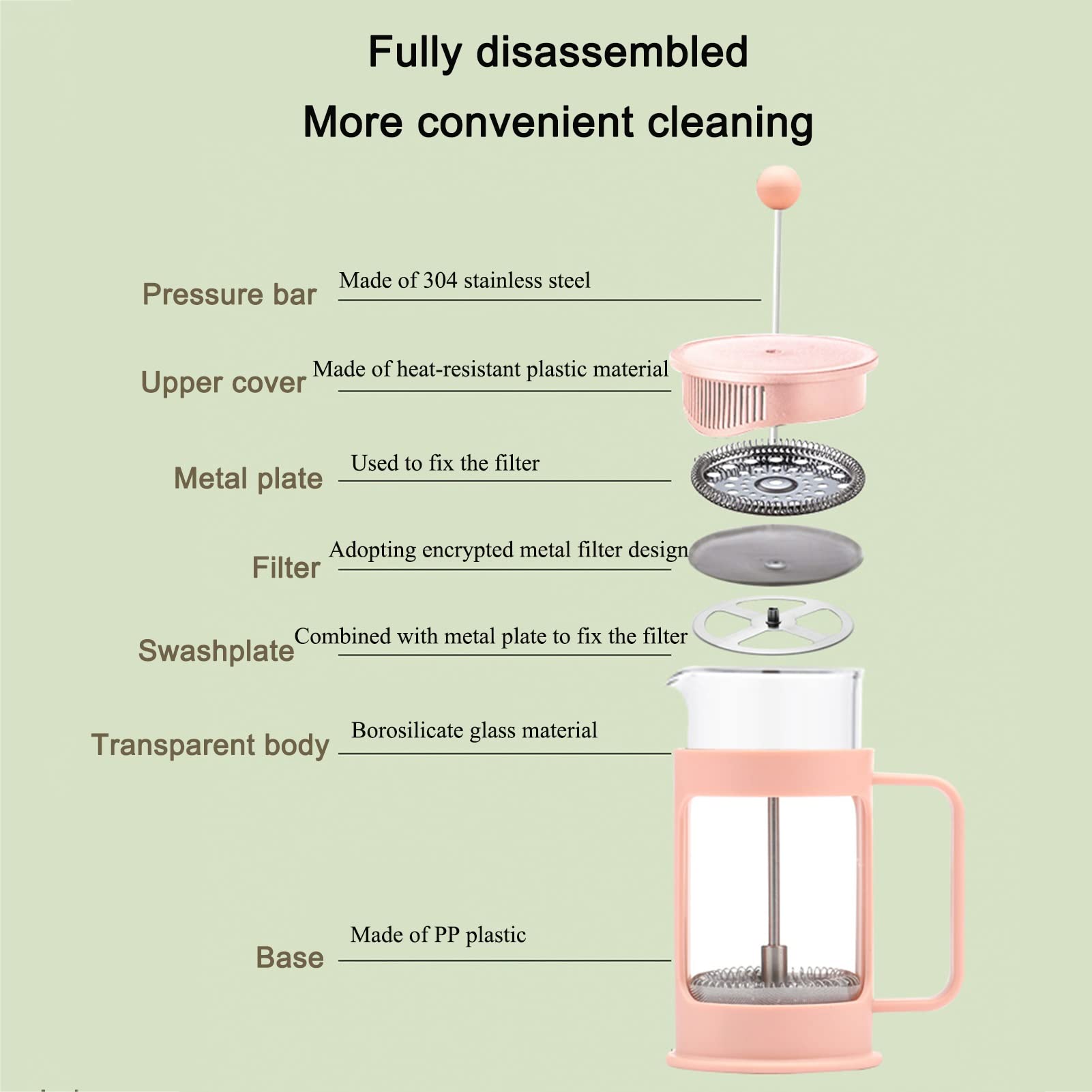 Cafetera Émbolo, Cafetera Francesa De Vidrio De Borosilicato Resistente Al Calor, Cafetera De Piston, French Press, Prensa De Café De Acero Inoxidable 304 Con 3 Filtros, Tetera Para Viajes De Campame