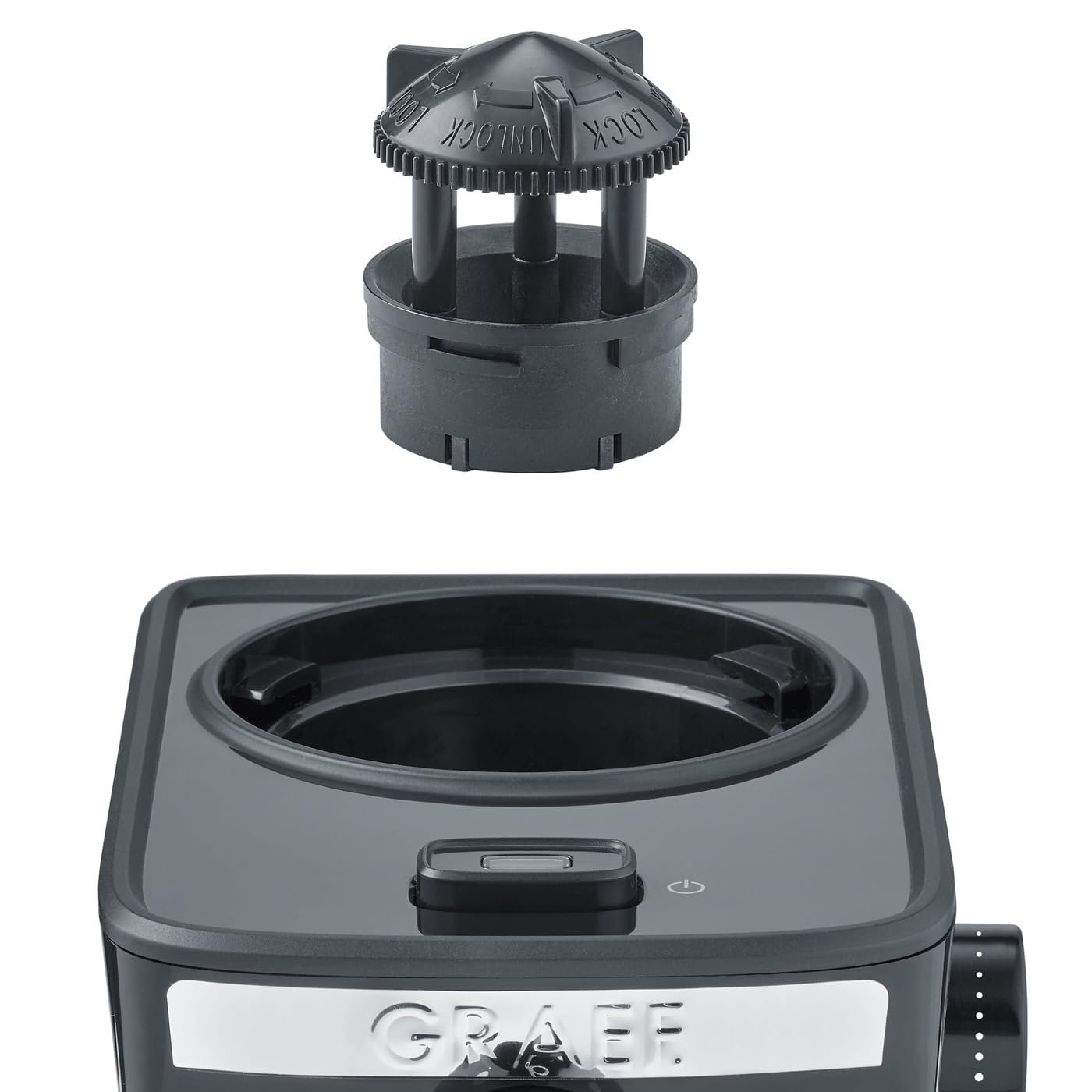 GRAEF CM252 - Moulin à café électrique, réservoir à grains 80 g, couvercle de protection des arômes, broyeur amovible, 17 degrés de mouture, 2 à 12 tasses, bouton marche/arrêt éclairé, 130 W, noir