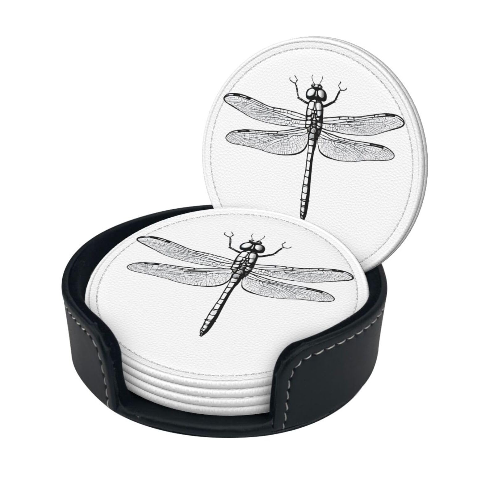 Dragonfly Print Coaster,Round Leather Coasters with Storage Box for Wine Mugs,Cold Drinks and Cups Tabletop Protection (6 Piece)