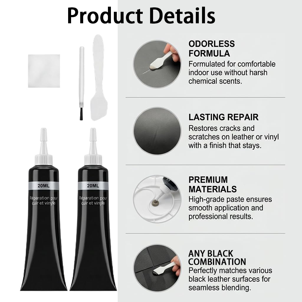Cuero Liquido Reparador Negro Kit Reparador de Cuero para Asientos de Coche, Sofás, Zapatos y Chaquetas, Tinte Reparador Cuero Sintético y Vinilo