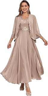 Women's 2 Piece Chiffon Mother of The Bride Dresses with Jackets for Wddding Ankle Length Lace Formal Dress