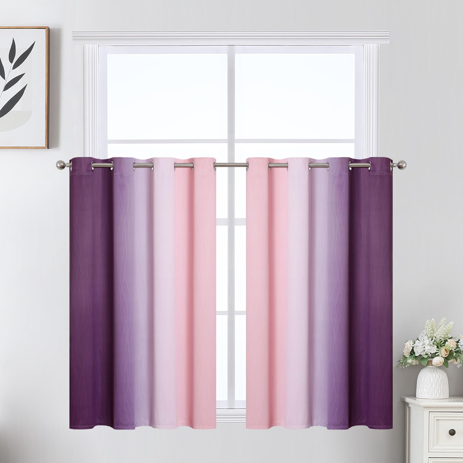 Estelar Textiler Pink and Purple Ombre Short Blackout Curtains 36 Inch Long, Thermal Insulated Grommet Small Half Window Drapes for Cafe/Basement/RV Camper/Kitchen, 52Wx36L, 2 Panels