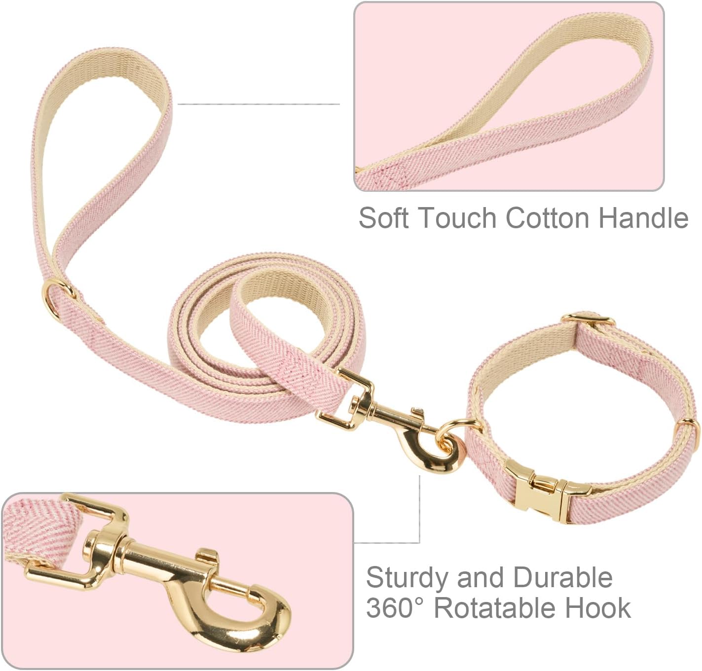 Soft Hemp Dog Collar and Leash Set Adjustable Woven Tweed Dog Collars with Metal Buckle and Lead for Small Medium Large Dogs,Pink