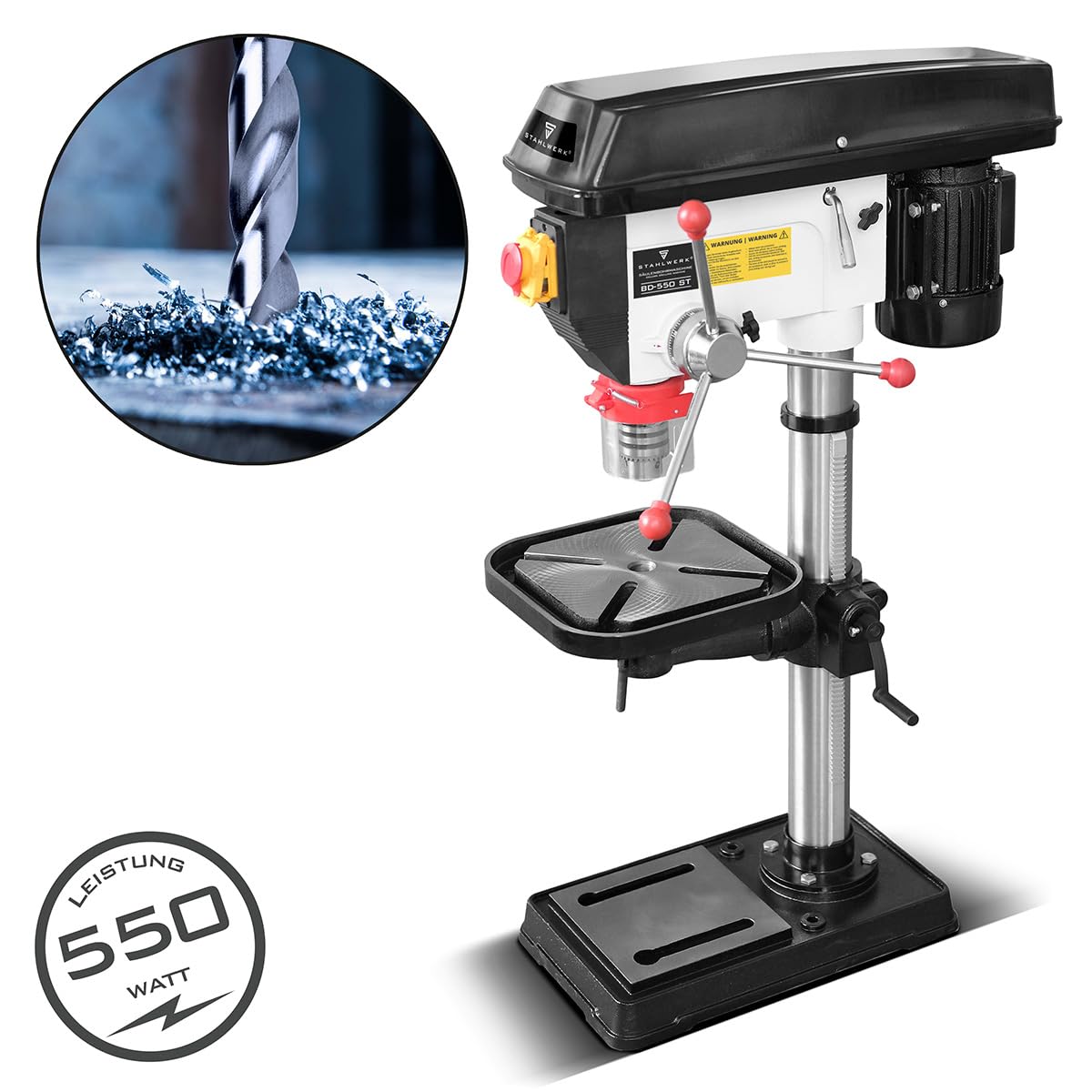STAHLWERK Perceuse à colonne - Perceuse à colonne robuste de 550 W pour le bricolage, la construction métallique et le modélisme, diamètre de perçage Ø 16 mm, 200-2.800 tr/min