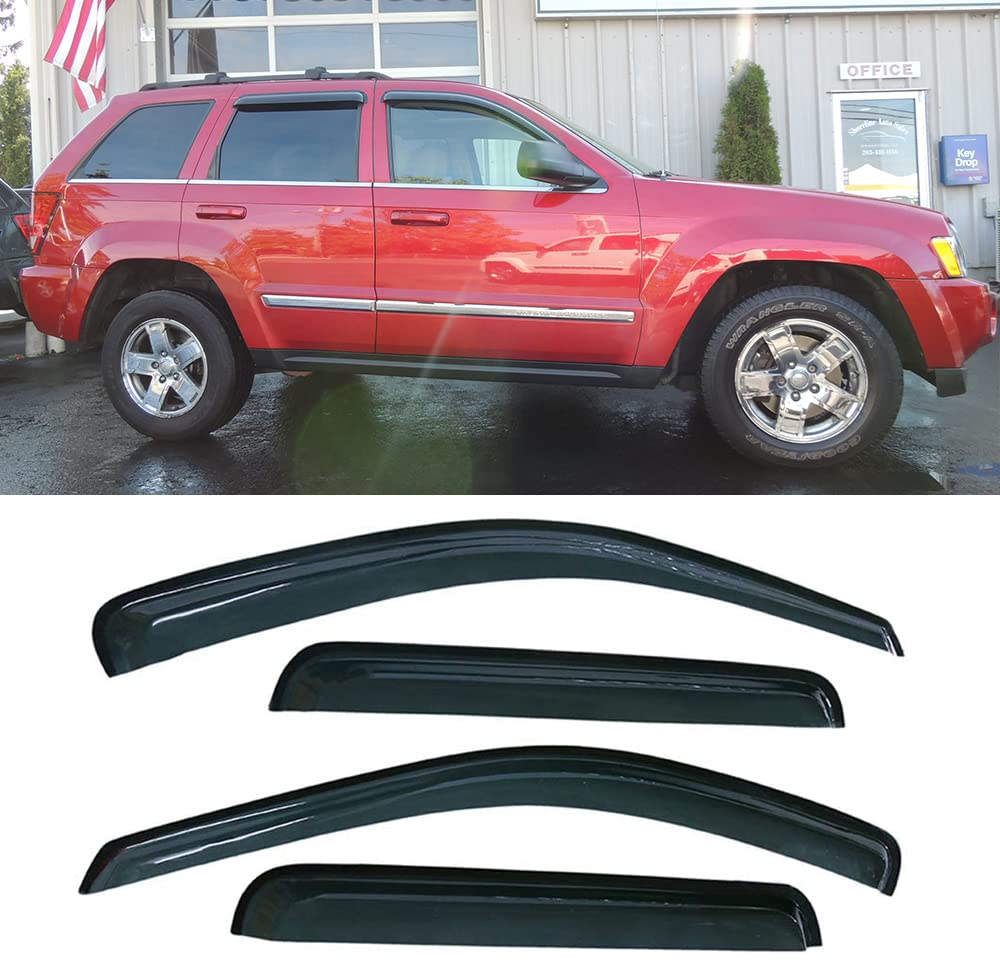 Side Window Wind Deflector, 4pcs Outside Mount Style Tape-On Nice Rain Guards Set, Dark Smoke Window Visor fit for 2005-2010 Jeep Grand Cherokee 94243