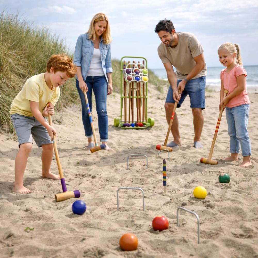 Jeu de Croquet en Bois pour 6 Joueurs, Set Complet avec Chariot de Transport, 6 Maillets, 6 Boules, 8 Arceaux Métalliques, pour Jardin et Extérieur
