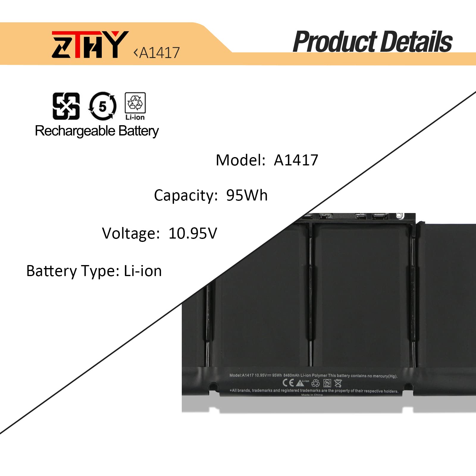 ZTHY A1417 Battery Only for (Mid 2012 & Early 2013) A1398 MacBook