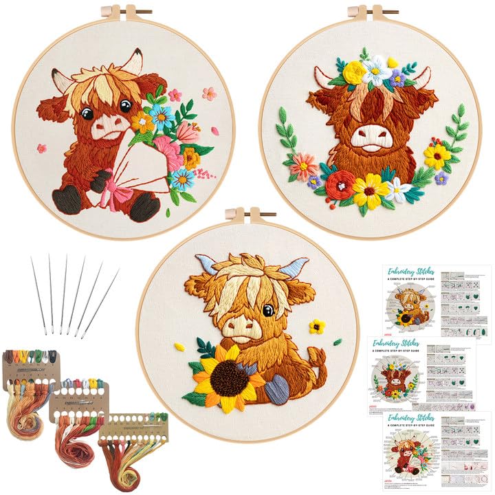 Image of Nuberlic Highland Cow Embroidery Kit 3 Pack Embroidery Kits for Adults Beginners Starter Cross Stitch Kit Set with Floral Designs - Perfect DIY Gift