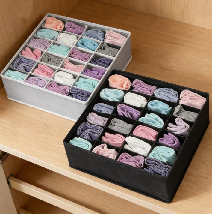 Foldable 24-Cell Drawer Organizer Box Multi-Purpose Storage for Underwear Socks Closet Space-Saving Accessory for Home GREY 1PC BLACK 1PC