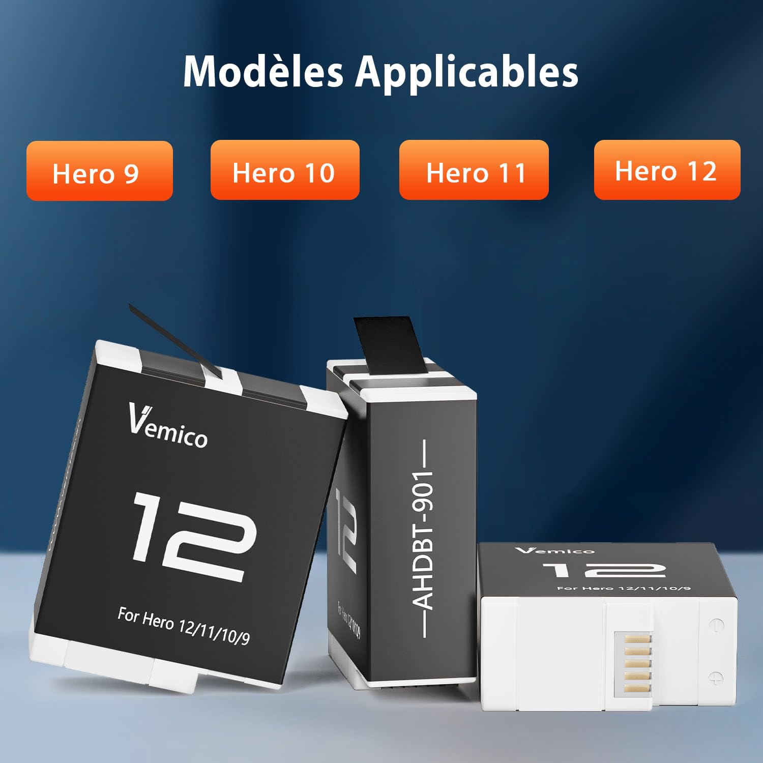 Kit Batterie GoPro Vemico 3x 1800mAh + Chargeur 3 Canaux - Compatible Hero 9/10/11/12 Black - Type-C