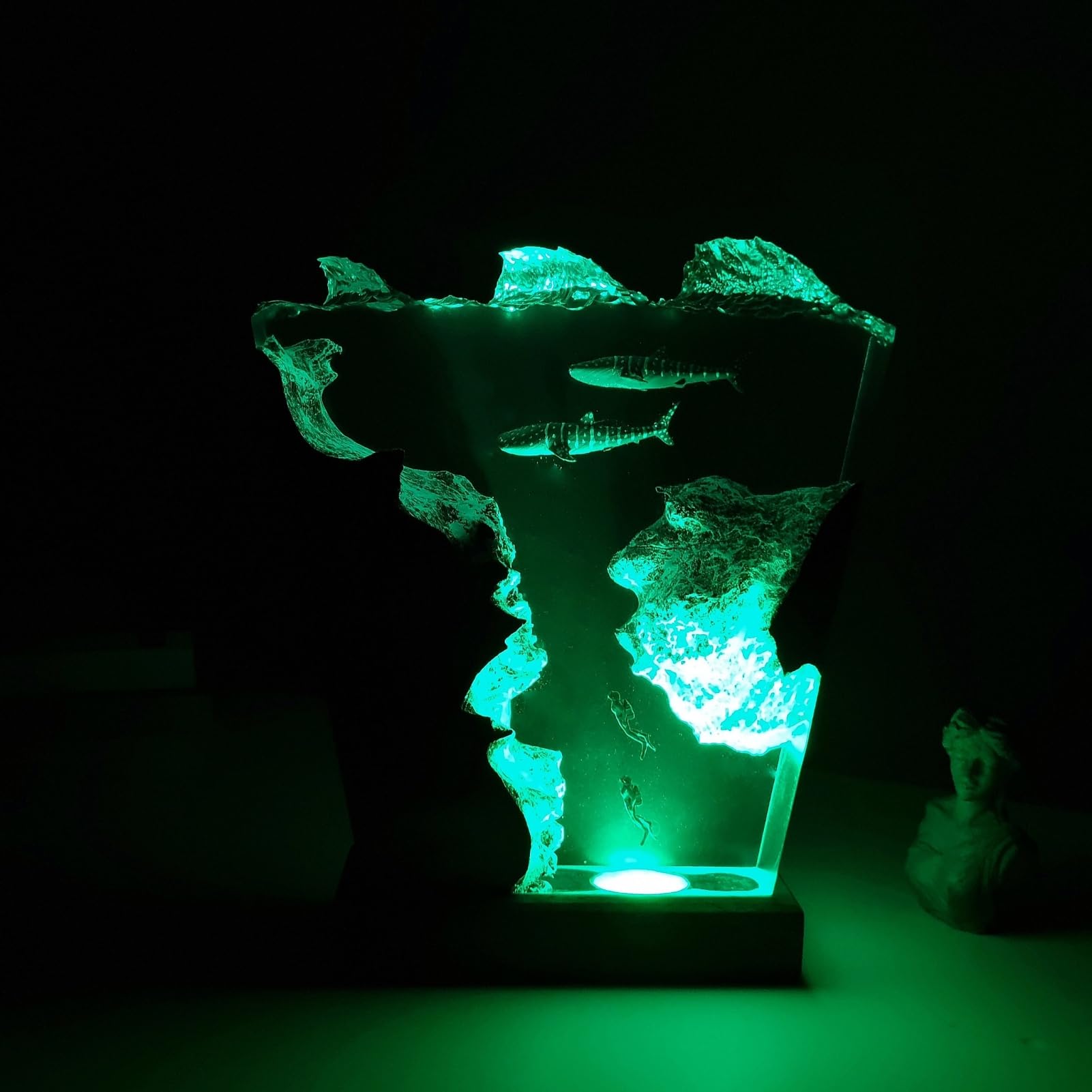 Drawelry Luce Notte Resina Epossidica Paesaggio Sottomarino 3D Artigianale, Decorazion Casa Base Legno, Mini Acquario Marino con Animali Marini Lampada per Cameretta Soggiorno Ufficio (A9)