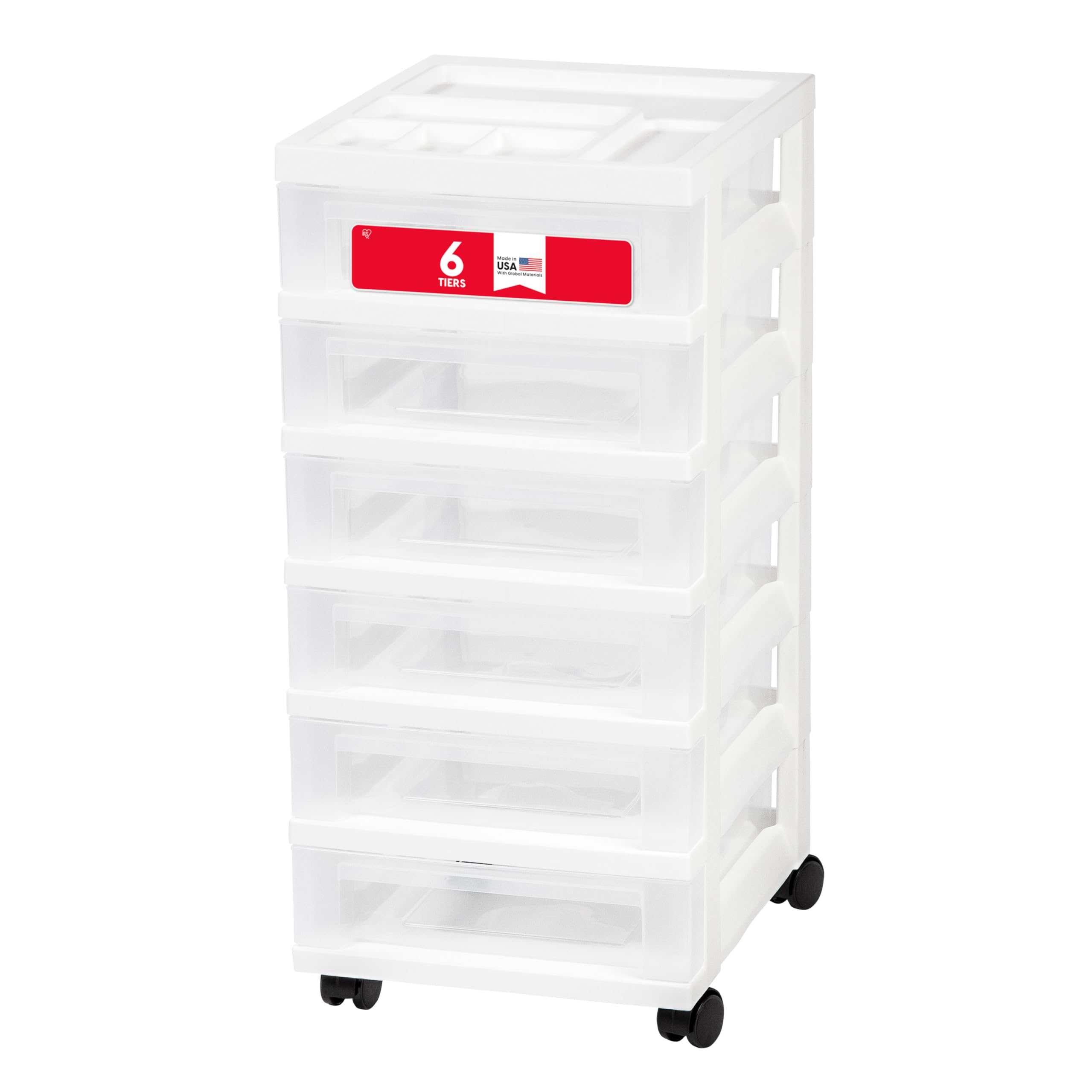 IRIS USA Plastic Drawer Storage Organizer Rolling Cart, with Wheels Casters, 6-Drawers, for Classroom Art Craft Supplies Dresser Closet Bathroom Laundry Room, White/Clear