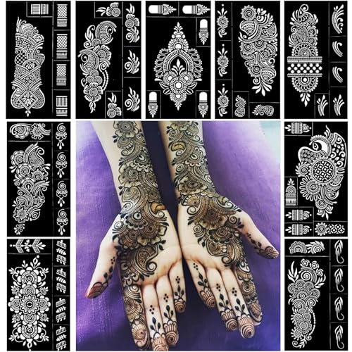 QSTOHENA Packung von 9 Henna Tattoo Schablonen Kit, wiederverwendbare Mehendi Schablonen Vorlagen für Hand Unterarm indische Arabische temporäre Tattoo Aufkleber