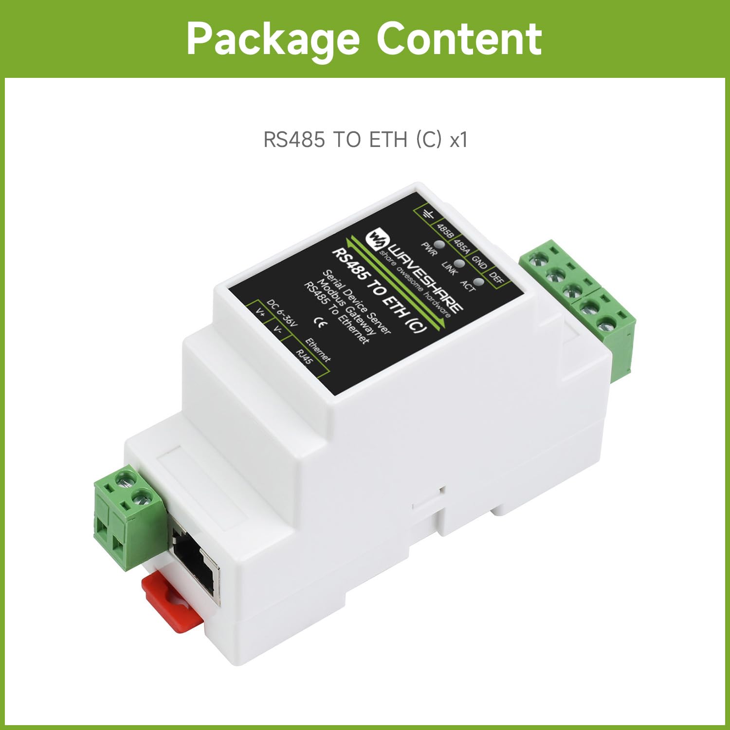 Wveshare Industrial Serial Server Isolation RS485 to RJ45 Ethernet Module TCP/IP to Serial Module Rail-Mount Support, Serial Server Modbus Gateway