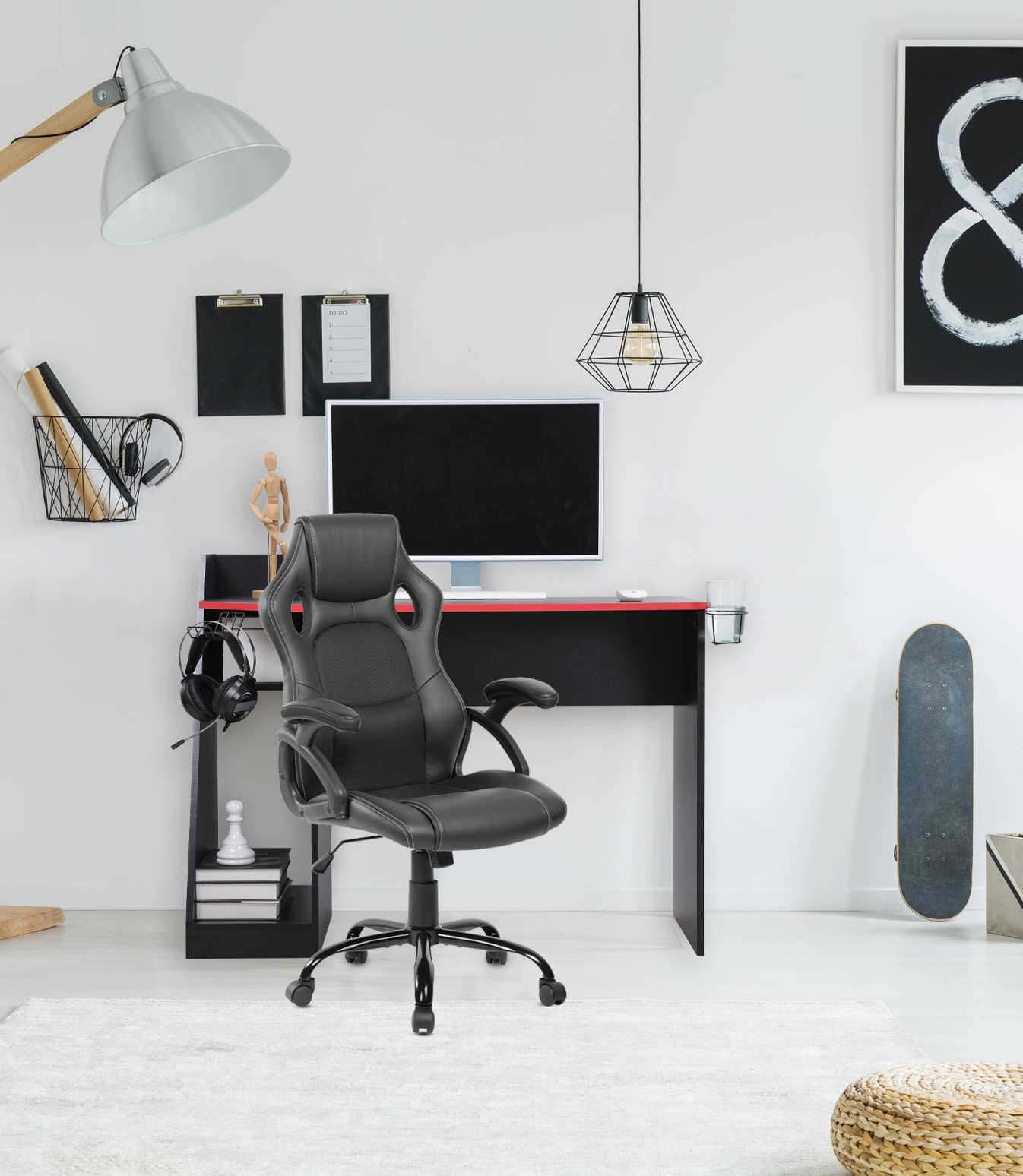 Rebecca Mobili Scrivania Gaming, Tavolo Pc, Nero Rosso, Moderna, Con Vano Porta Pc Studio Gioco, Misure (HxLxP): 85 x 110 x 50 cm - Art. RE6773