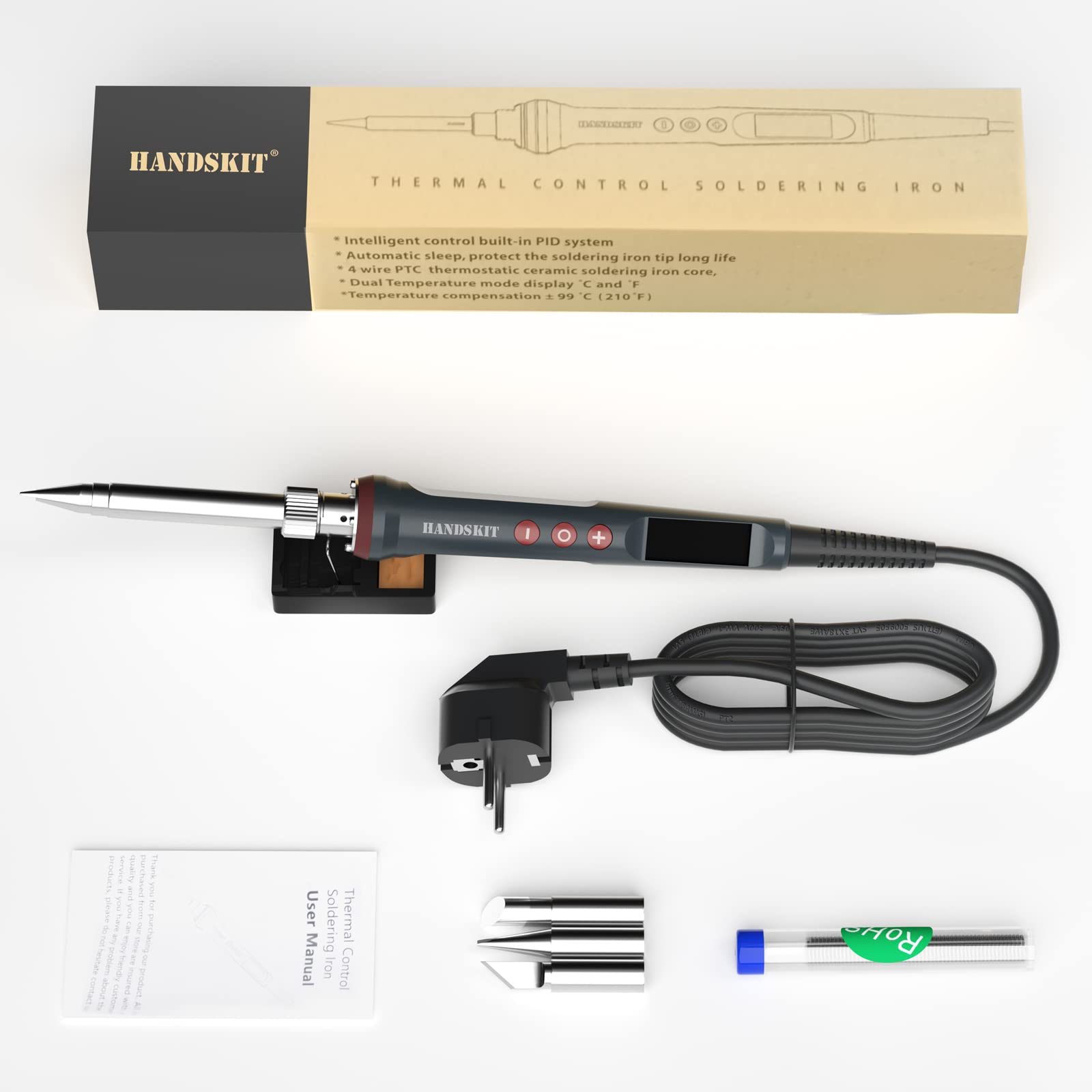 HANDSKIT Fer à souder 220V 200W avec écran LED, température réglable 180°C-480°C, 3 pointes, support mini, fil de soudure, calibration, fonction mémoire, bascule °C/°F, outils soudage électronique