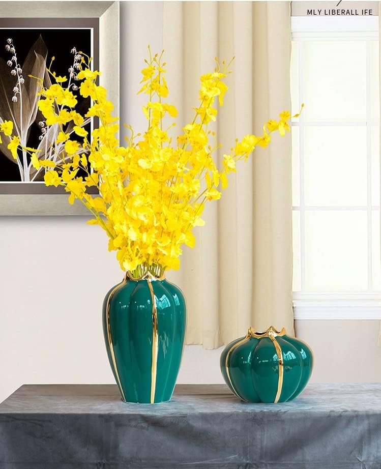 Miniatura 3 de WhaleCreation - Jarrón de cerámica de estilo contemporáneo chapado en oro estilo calabaza, decoración moderna del hogar (corto, verde) (PV001)
