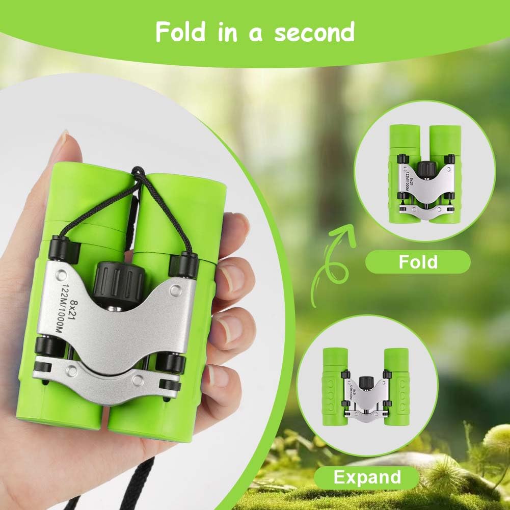 OSDUE Binocolo per Bambini, 8x21 Ingrandimento Binocolo,Portatile Bambini Binocolos, Kit Esploratore Cannocchiale per 3-6 Bambino Bambina con Bussola e Lente D'Ingrandimento, per Bird Watching (Verde)