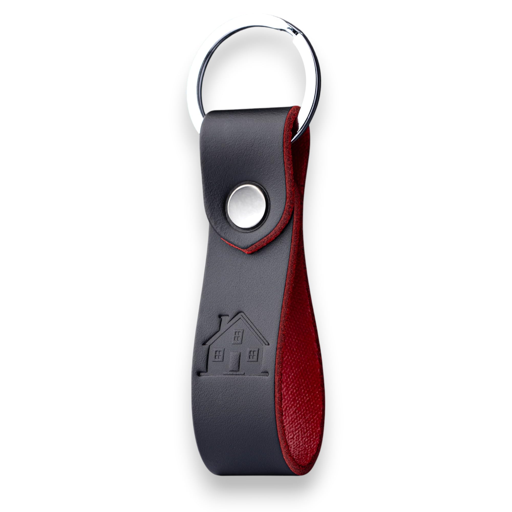 MAGOR Full Grain Leather Keyring, Elegant Black Key Ring with Red Interior, Car and Home Keychain, Hot Embossed Design, Personalised Premium Gift for Him or Her (House)