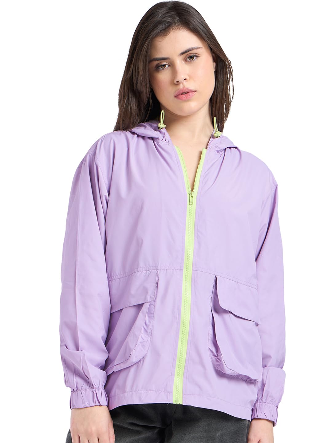 Bewakoof Air 1.0 Women's Solid Oversized Fit Full Sleeve Hooded Nylon Jacket in neutral