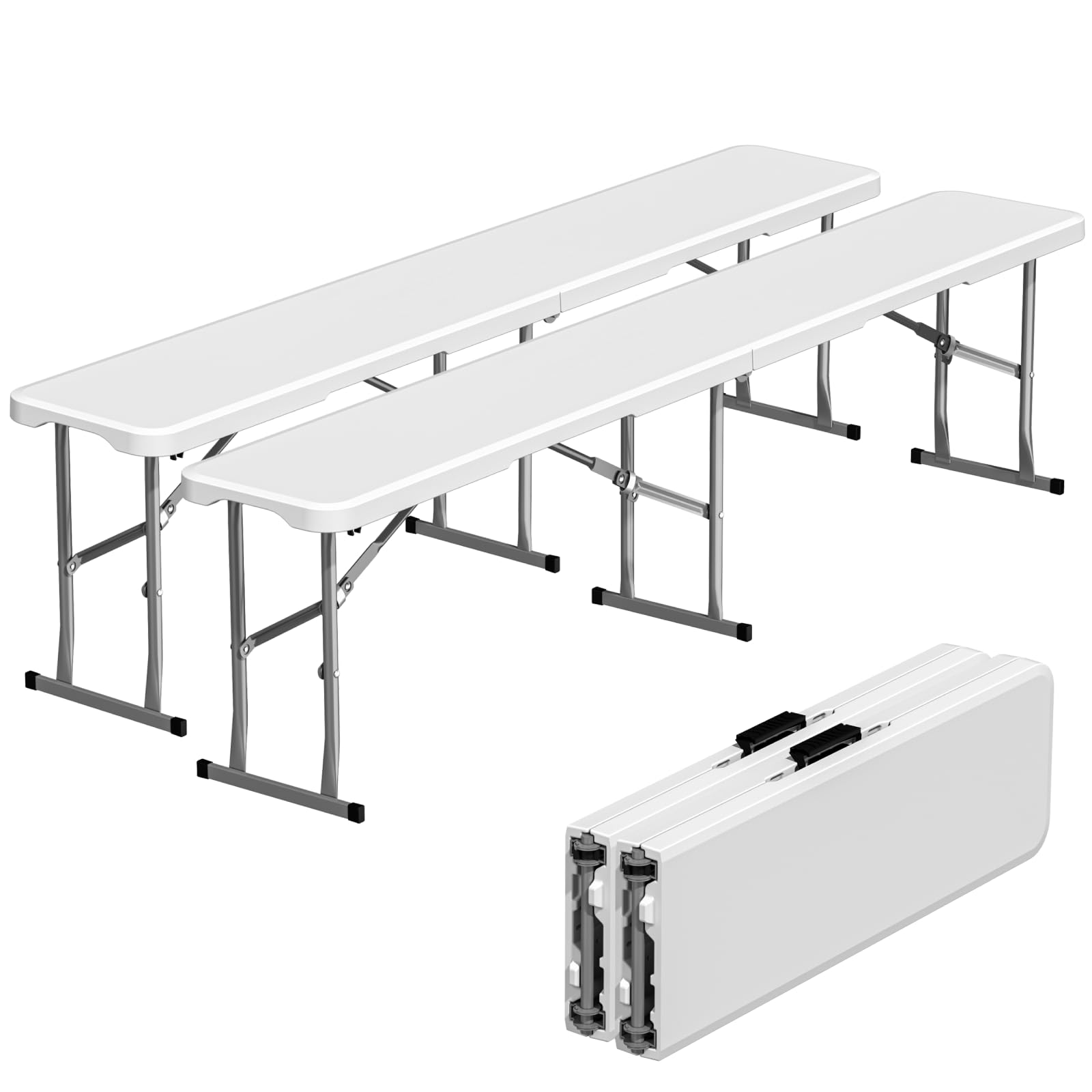 6ft Folding Bench 2 Pack, Plastic Folding Bench for Picnic Camping Dining Party Garden, 6 feet Foldable Benches for Soccer Multipurpose Entertaining Activities, Smooth HDPE Tabletop, White