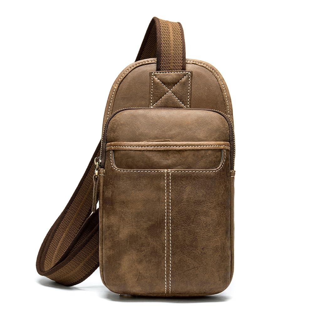 Sac à dos à bandoulière en cuir véritable sac de poitrine solide pour activités de plein air
