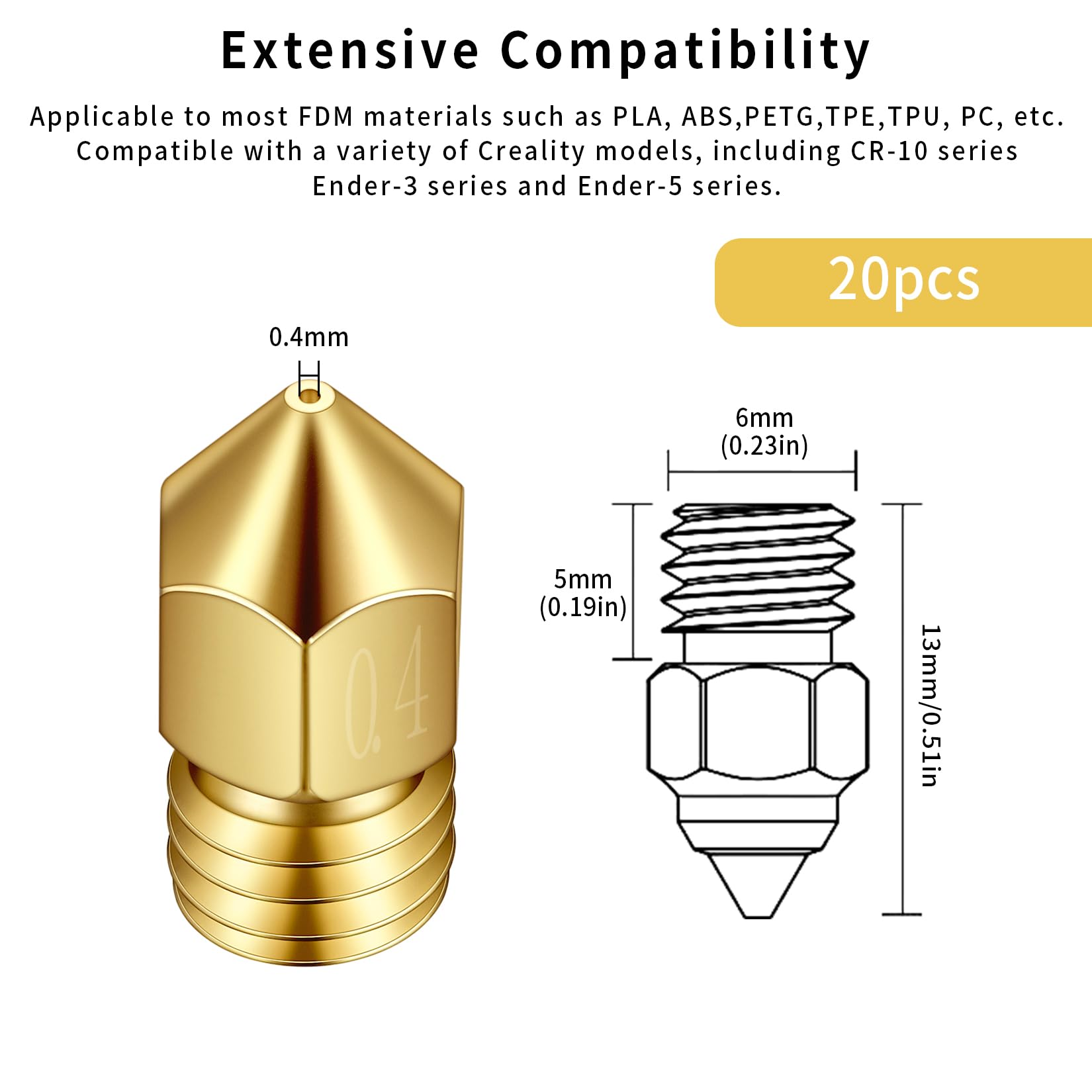Dysze 0,4mm, 20 sztuk Dysze do drukarki 3D, mosiężne dysze do drukarki 3D Kompatybilne z Creality Ender 3/Ender 3 V2/Ender 3 Pro/Ender 3 Max/Ender 5 Pro/Ender 3 S1/Ender 3 Neo/Anycubic i3 Mega Pro