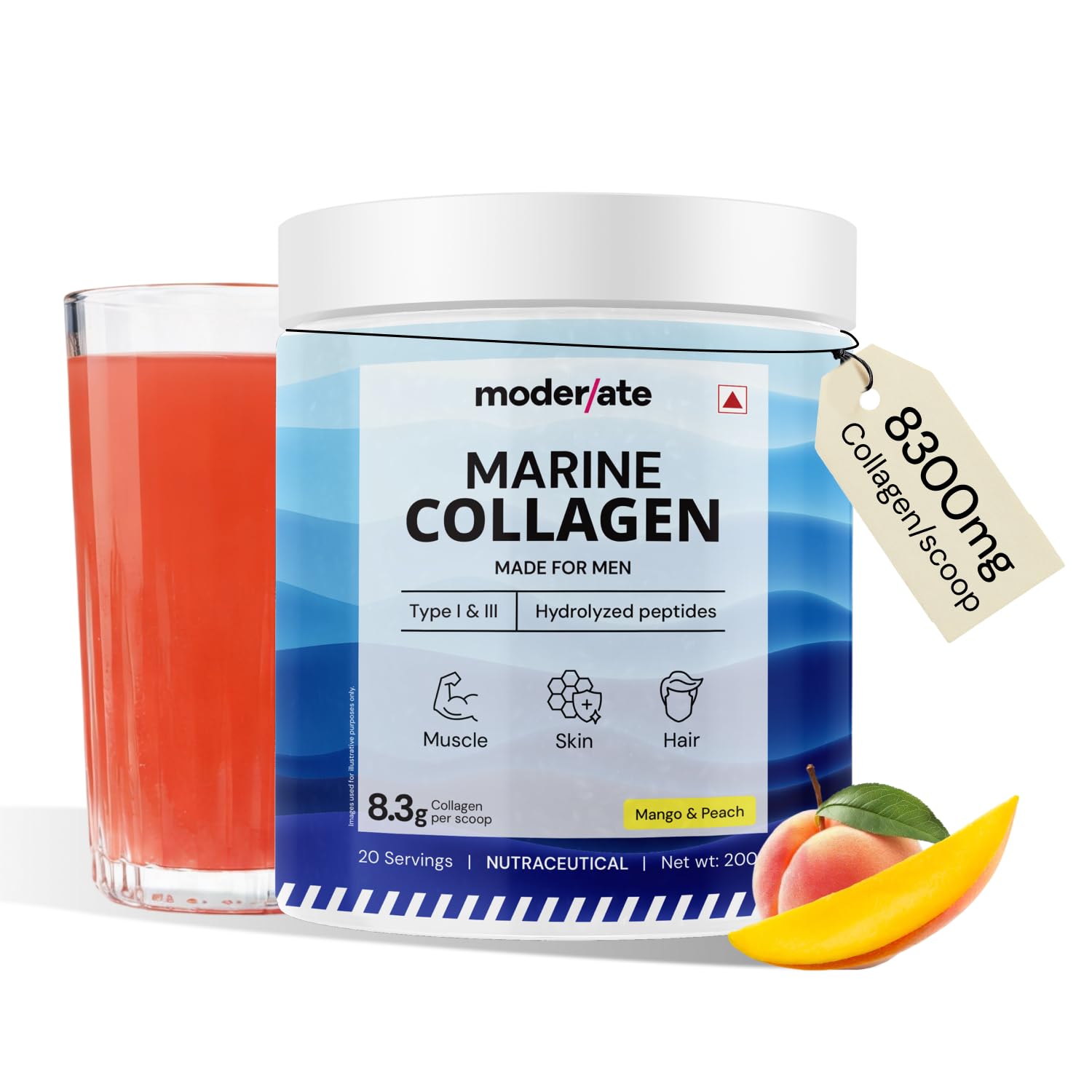 Moderate Marine Collagen Powder for Men, Type 1 & 3 Hydrolyzed Peptides with Glutathione, Vitamin C, Hyaluronic Acid, Biotin, Mango Peach Flavour, Add to Whey Shake or Any Drink, 200g-image-15