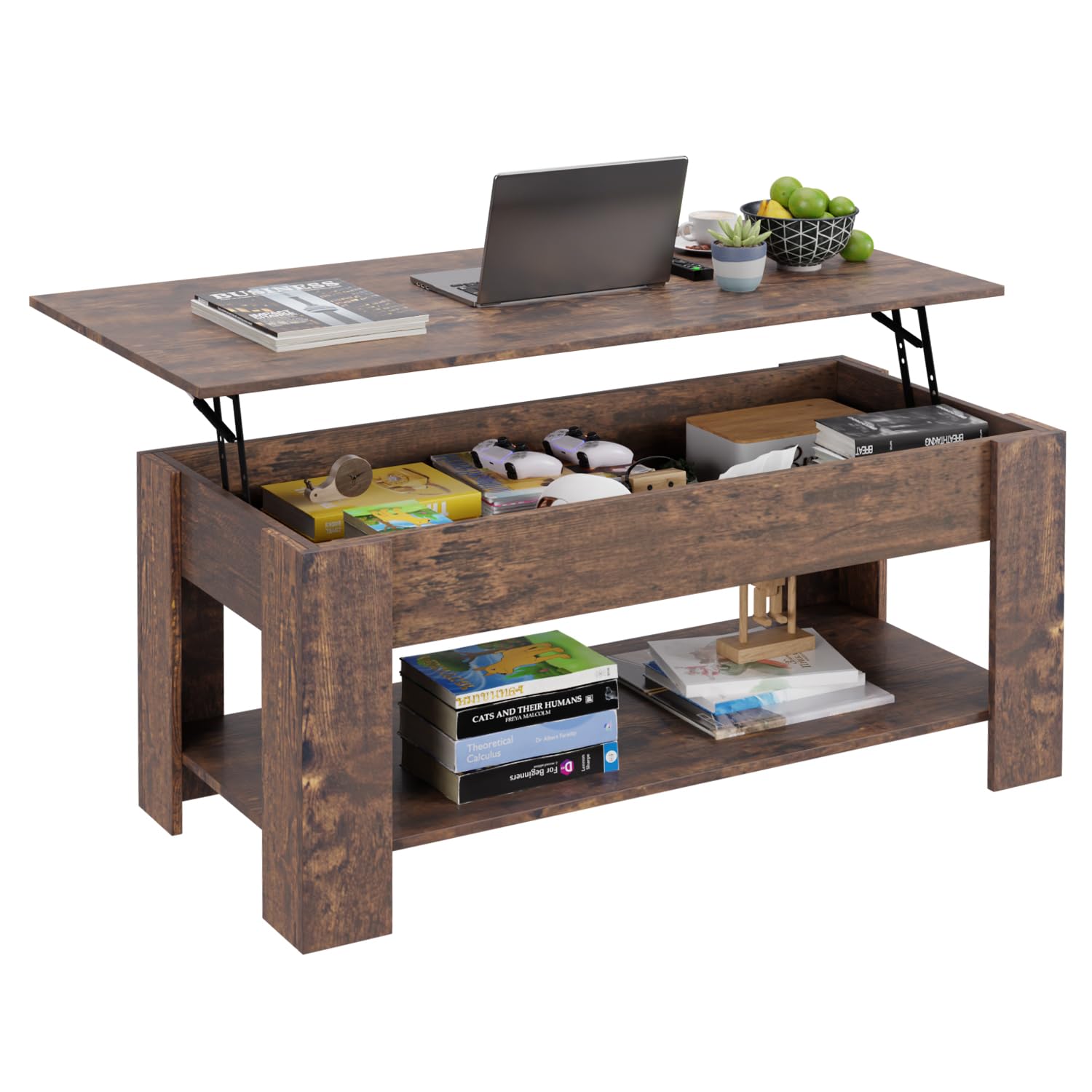 FDW Lift Top Coffee Table in a living room setting with the top lifted, revealing storage and a laptop.