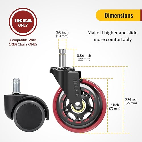 HOLKIE Office Chair Wheels Roller Blade Caster Rubber Replacement for Office 11x22mm Transparent 3 Inch, Desk Rolling Set of 5 for Hardwood Floors Gaming Chair Wheels Smooth & Silence Gliding(Red,10mm-Fits 1KEA-Not for High-Pile Carpet)