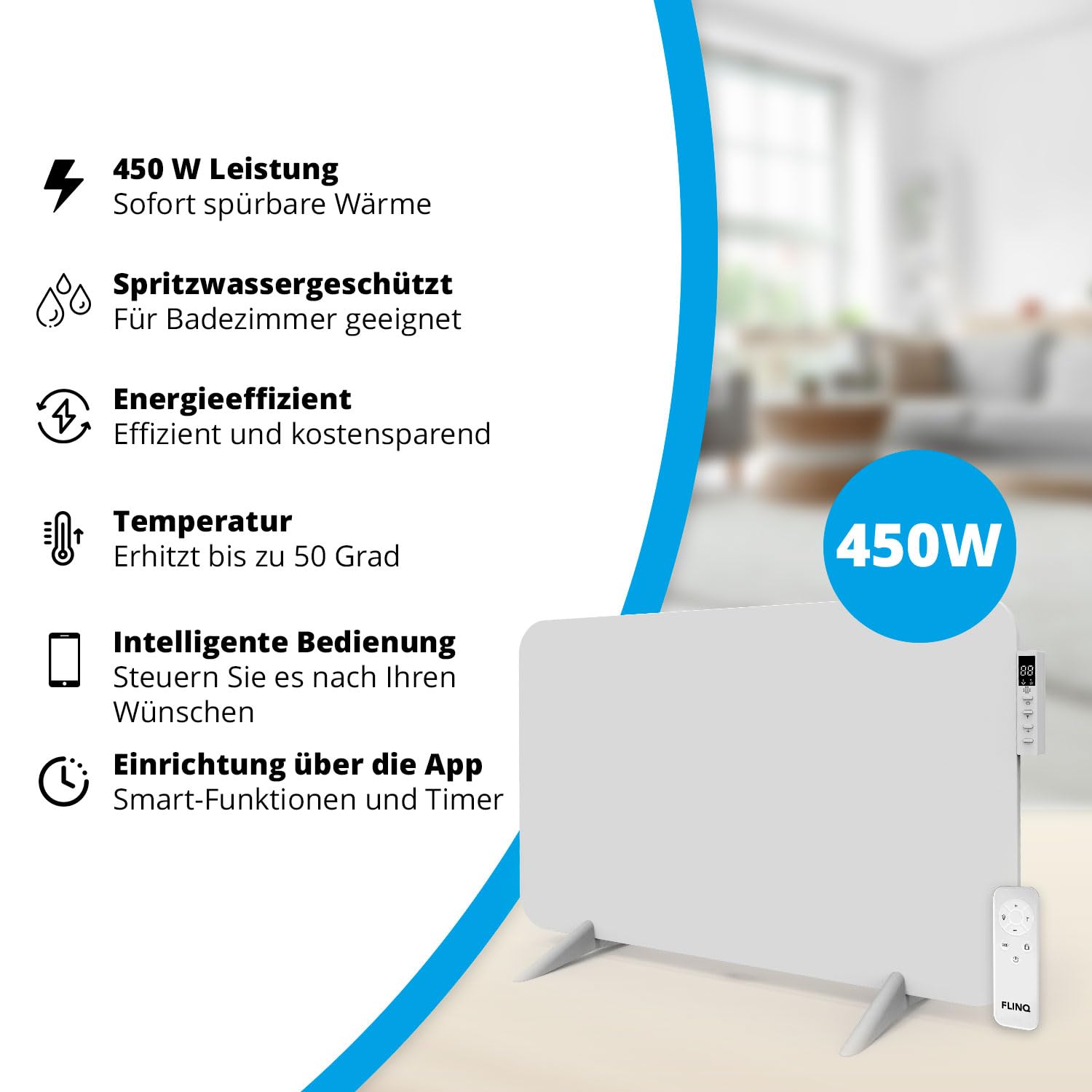 FlinQ 450W Smarte Infrarotheizung - Elektrischer Heizkörper | Infrarot Wandheizung & Standgerät - Elektroheizung für Badezimmer - Mit Thermostat - Weißes Panel