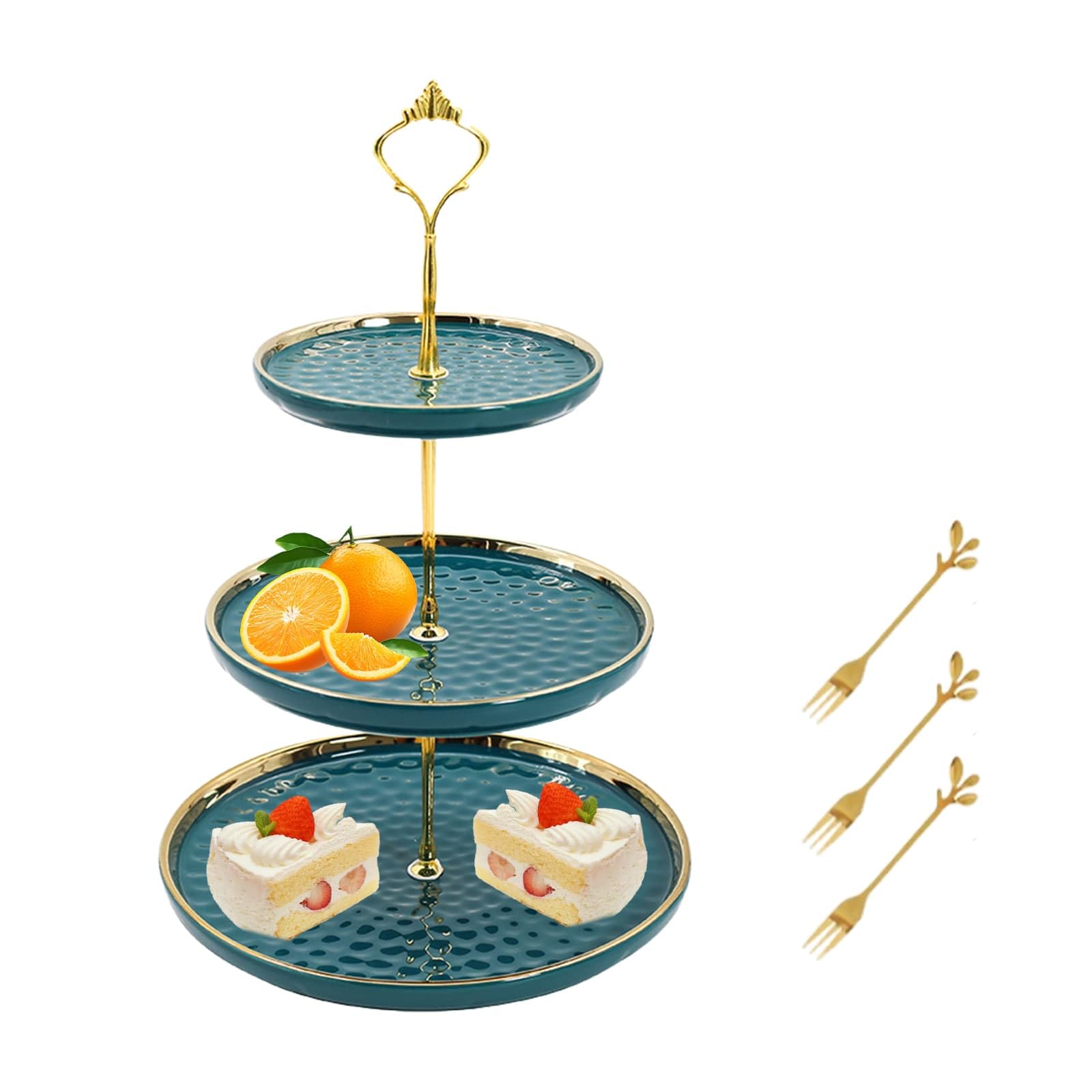 Weeloo Green Round Porcelain Tiered Cupcake Stand 3 Tier, Layered Dessert Rack With Three Forks For Party Service Tray, Tea Party, Wedding, Fruit Pastry Rack Birthday Service Tray (Green)