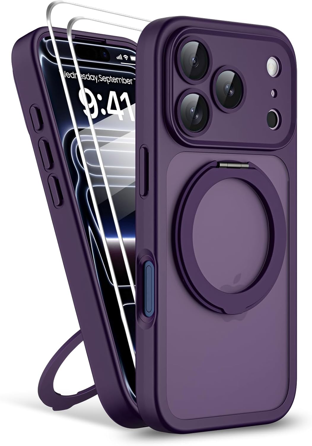 Magnetic for iPhone 17 Pro Max Case 2 x Screen Protector Compatible with MagSafe Translucent Matte Military Grade 17FT Drop Shockproof Full Camera Protection 360 Spin Stand Phone Cover Purple