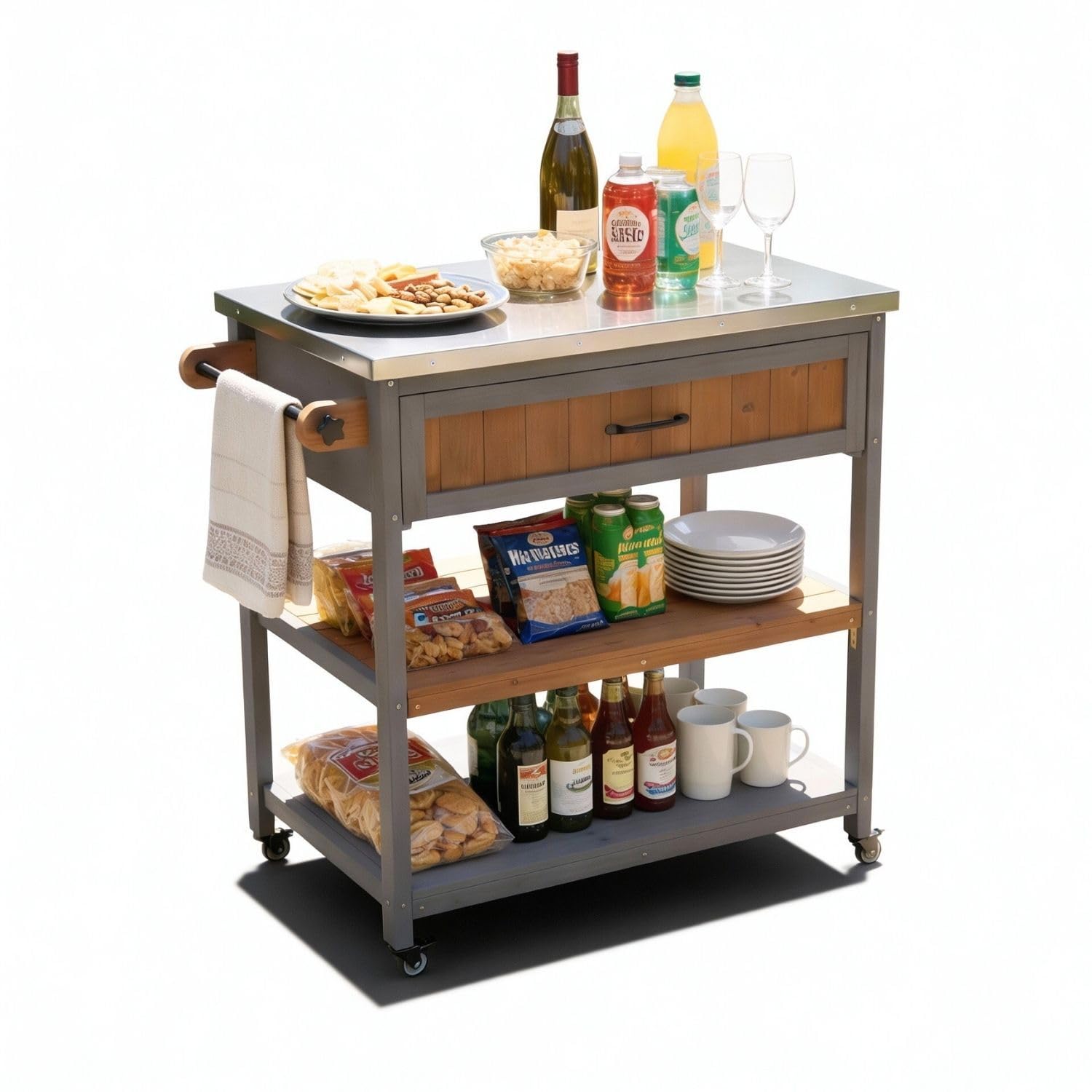 Coemo Servierwagen mit Rollen James Küchenwagen aus Holz mit Edelstahltop, Kücheninsel mit Türen, Handtuchhalter, Raumwunder, Küchenschrank Rollwagen LxBxH ca.: 82 x 53 x 92 cm Farbe Grau