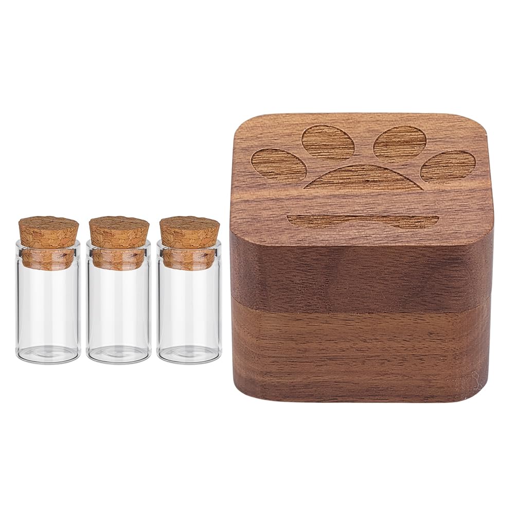 DELORIGIN Pet Fur Keepsake Box with 3 Glass Pet Hair Memorial Bottles Wooden Paw Dog Cat Ashes Storage Shadow Box Pets Memorial Urn Can Hold Photos Pet Loss Sympathy Gifts for Pet Lovers Friends