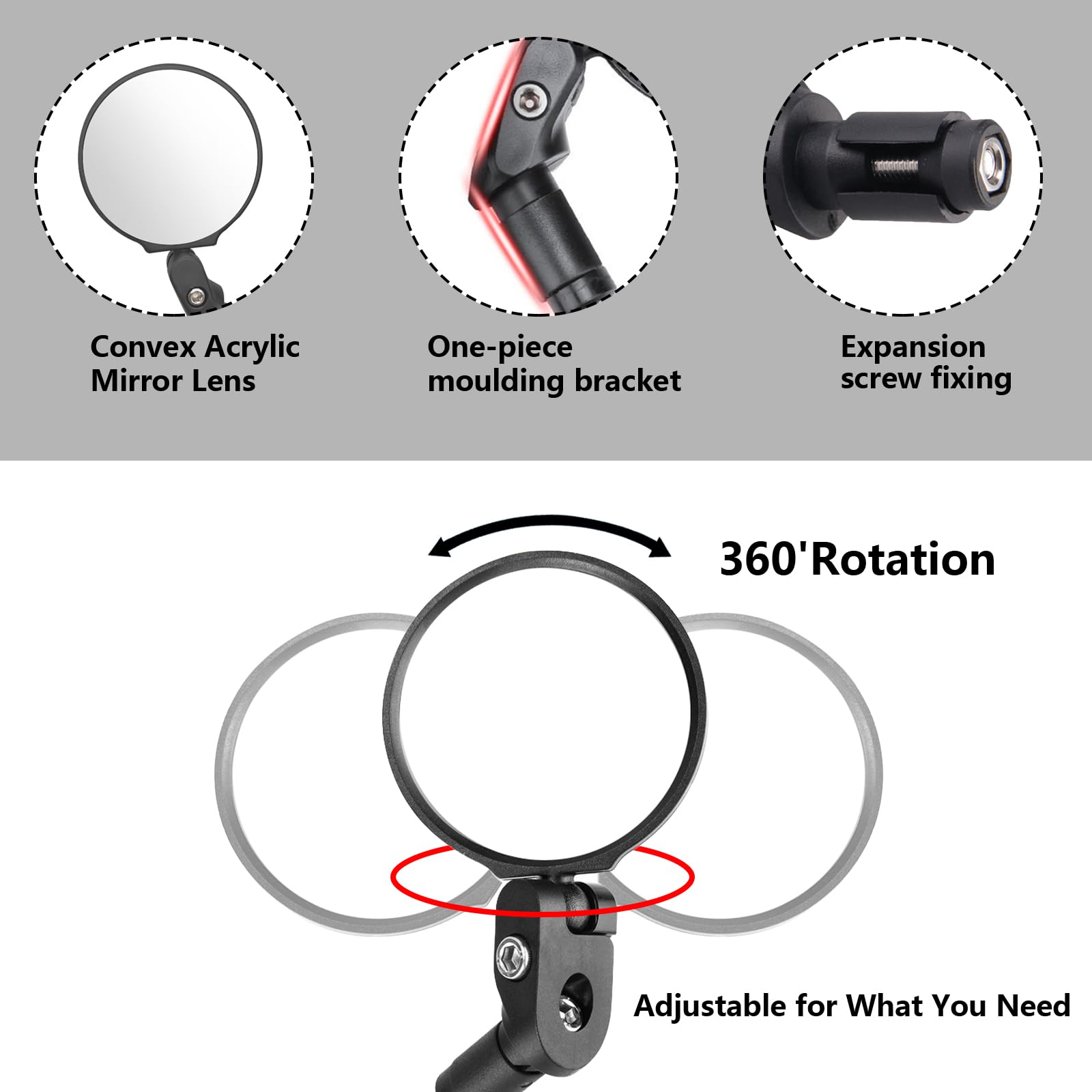 Specchietto Retrovisore per Bici, Specchio da Bicicletta per Manubrio, HD 360 ° Ruotabile Regolabile Grandangolare, Accessori Bici Resistente Agli urti e Alle Cadute, Universale Destro e Sinistro