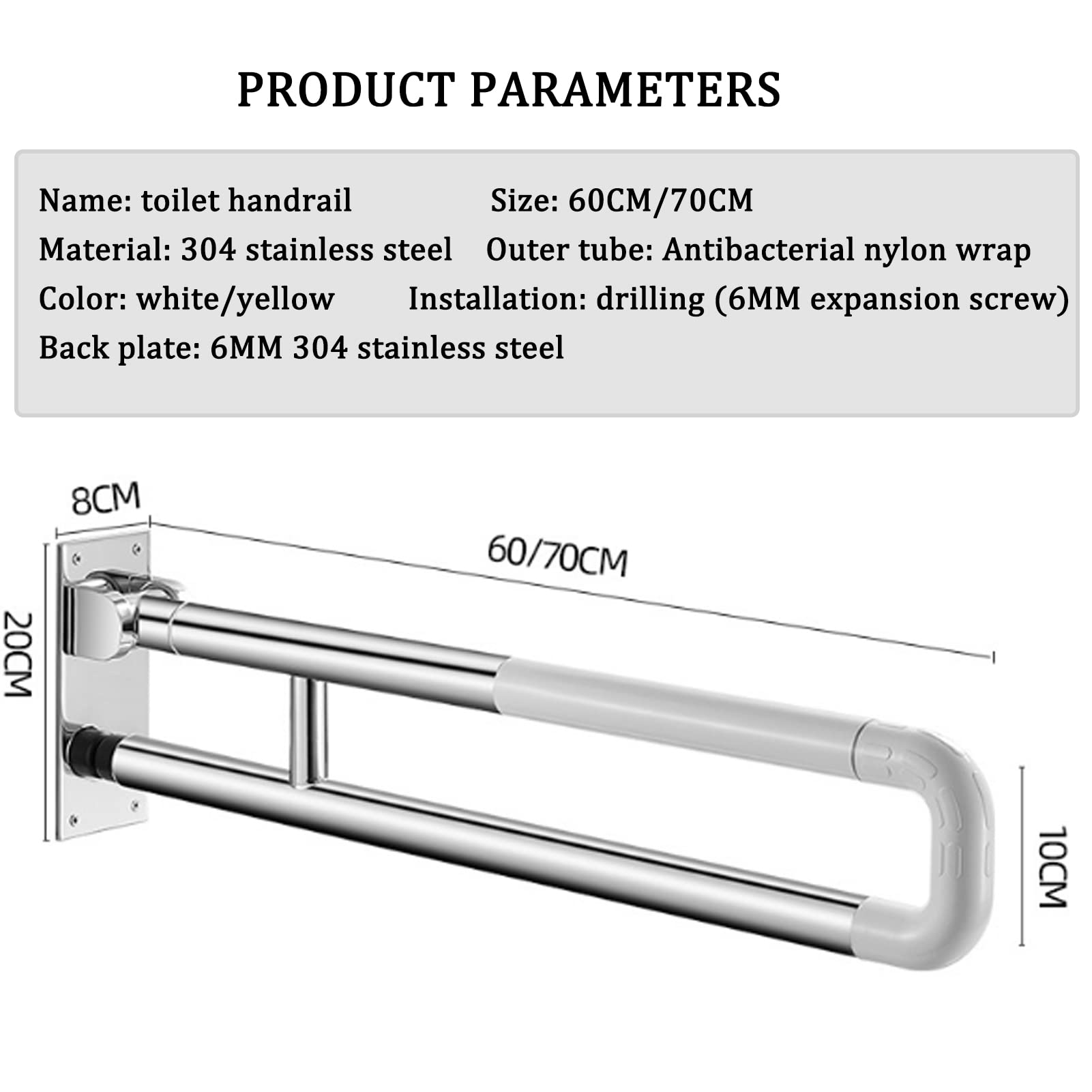 Barras de Seguridad abatibles para baño, Montaje en Pared, para Personas con discapacidad, Soporte para Inodoro, Ayuda para Personas Mayores (Blanco, 60 cm)