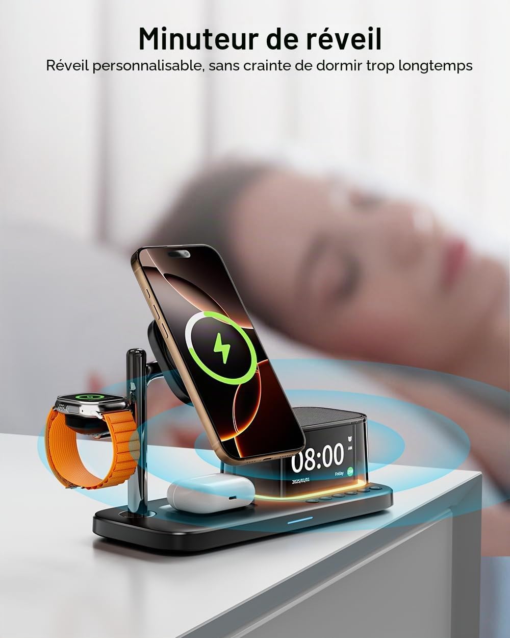 45 W pour Apple MagSafe Charger Stand 5 en 1, Qi2.2 25W Magnetic Wireless Charger Fast Charging Station, Alarm Clock Speaker Night Light, Charging Dock for iPhone 17 16, 5W Apple Watch 11 Ultra